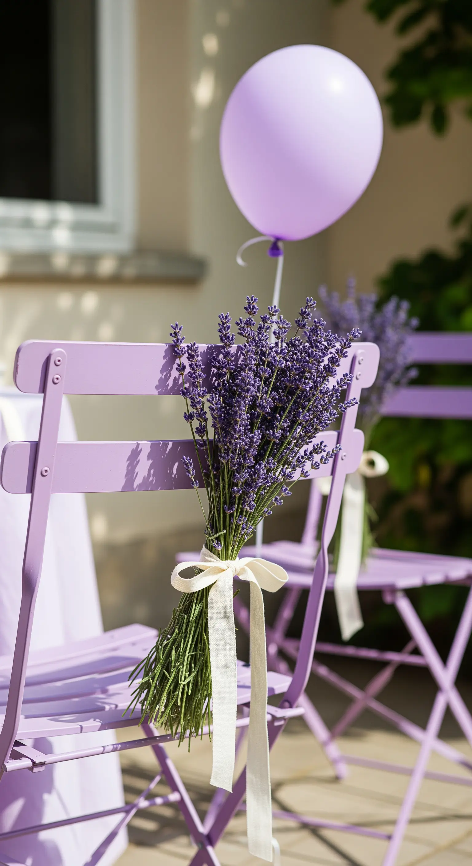 Sedia pieghevole color lavanda con un mazzo di lavanda fresca legato allo schienale.