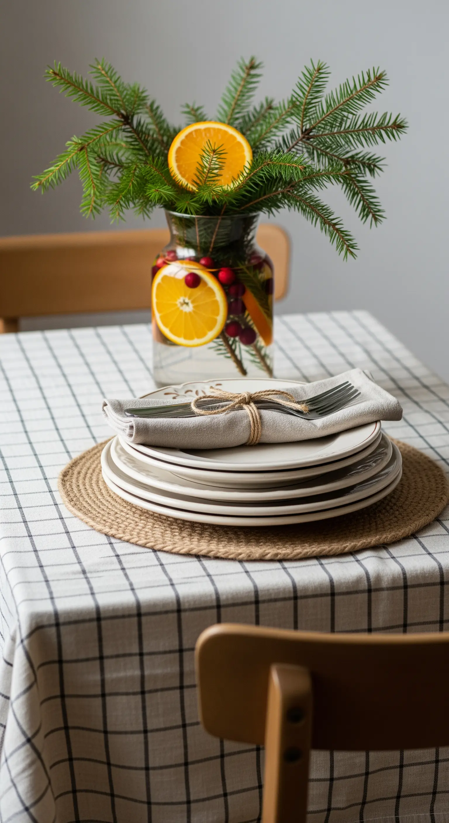 Angolo colazione con tovaglia a quadri e un vaso di vetro con pino e agrumi