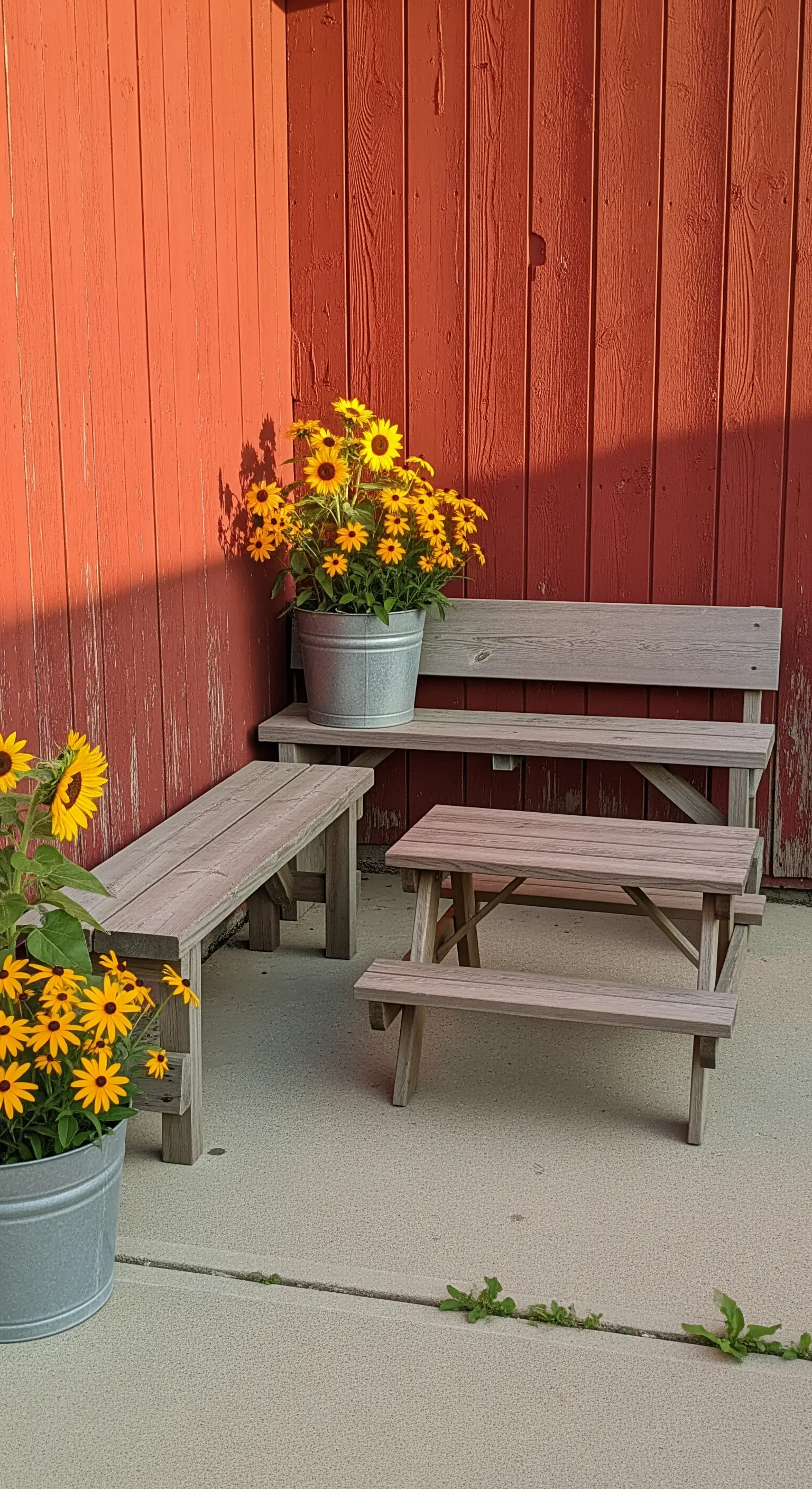 Panche in legno grezzo e girasoli in secchi di zinco contro una parete rossa.