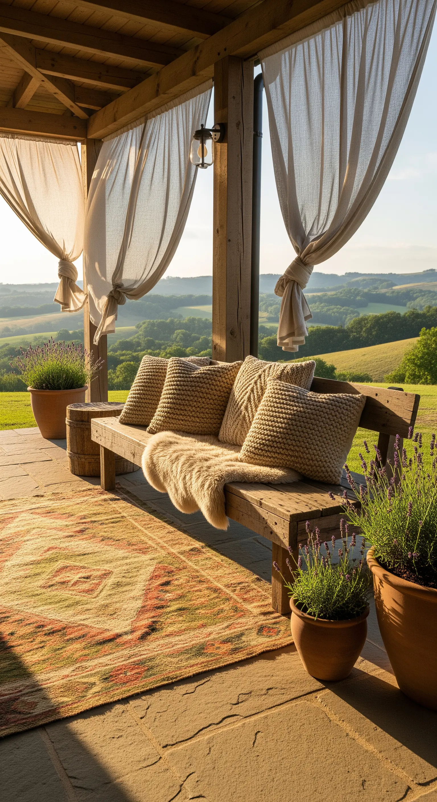 Veranda rustica con panca in legno, cuscini in juta, tappeto e vasi di lavanda.