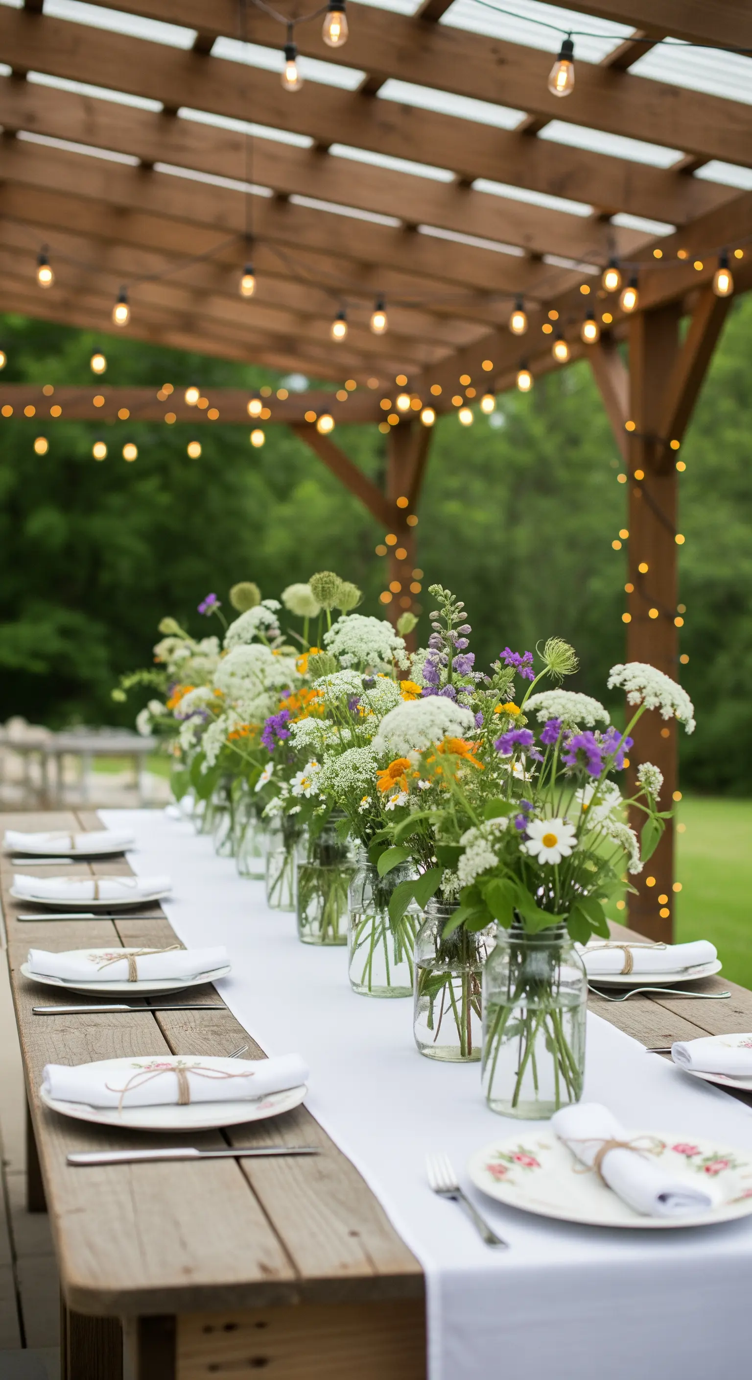 Tavolo in legno sotto un pergolato, decorato con fiori di campo in barattoli di vetro.