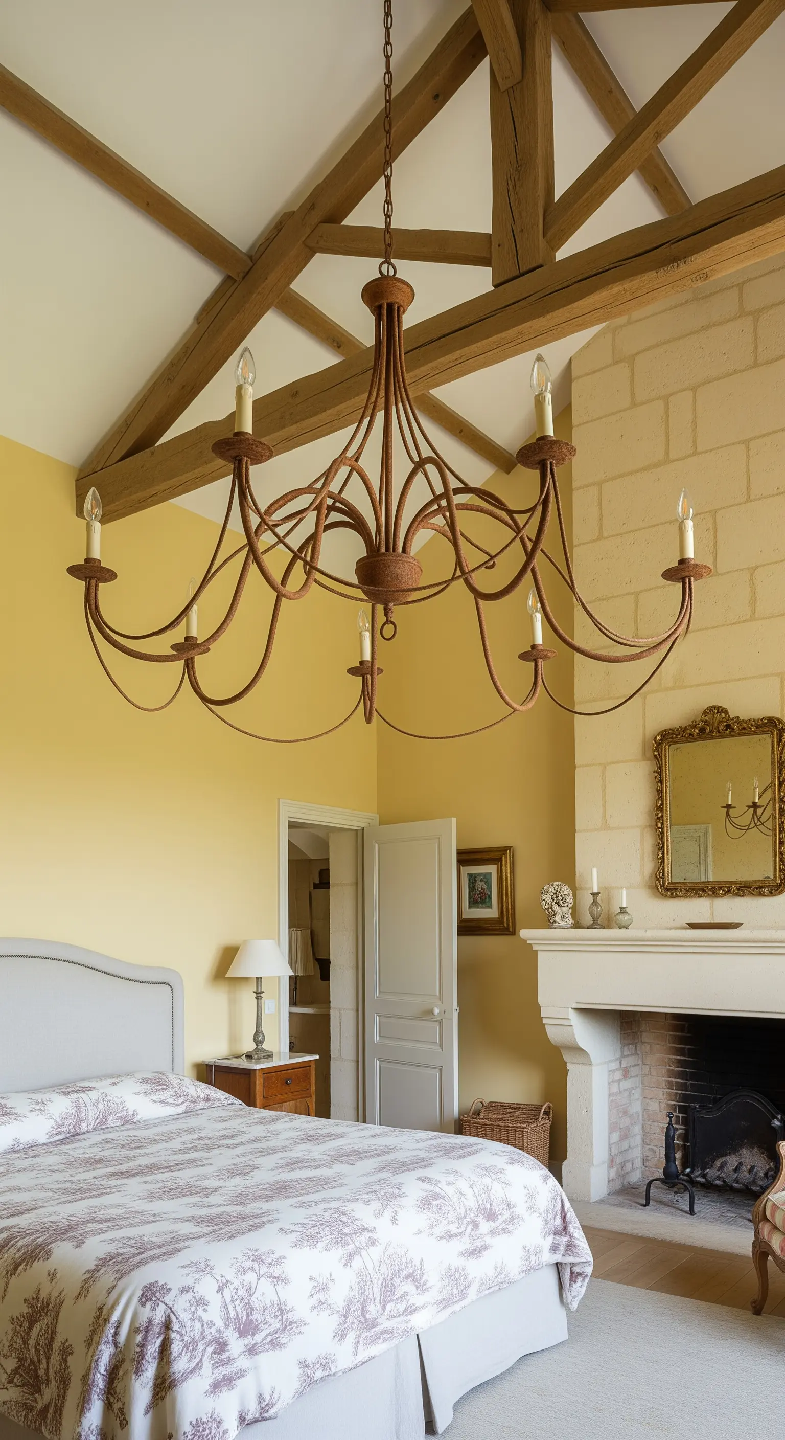 Lampadario in ferro battuto arrugginito in una camera da letto rustica in stile country francese.