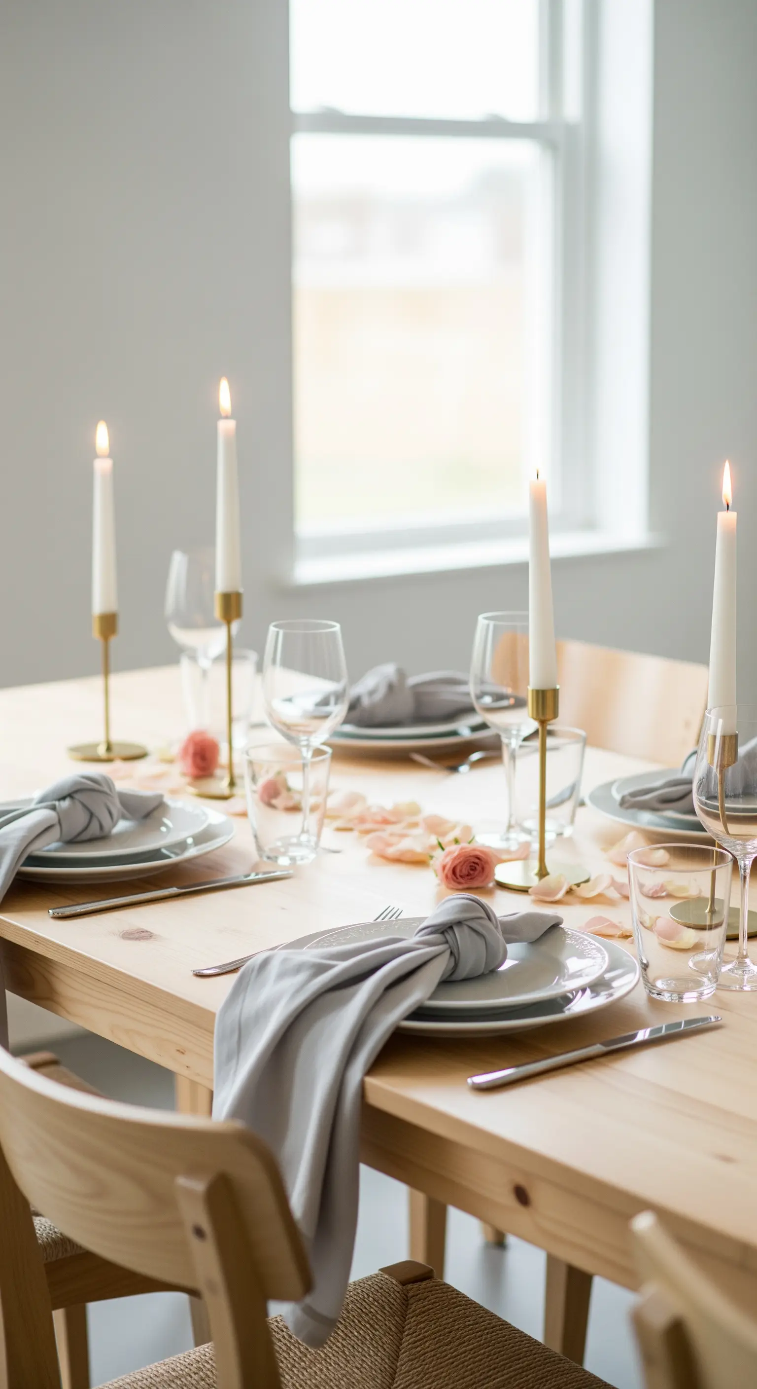 Tavola in legno chiaro in stile scandinavo con tovaglioli grigi e portacandele minimalisti