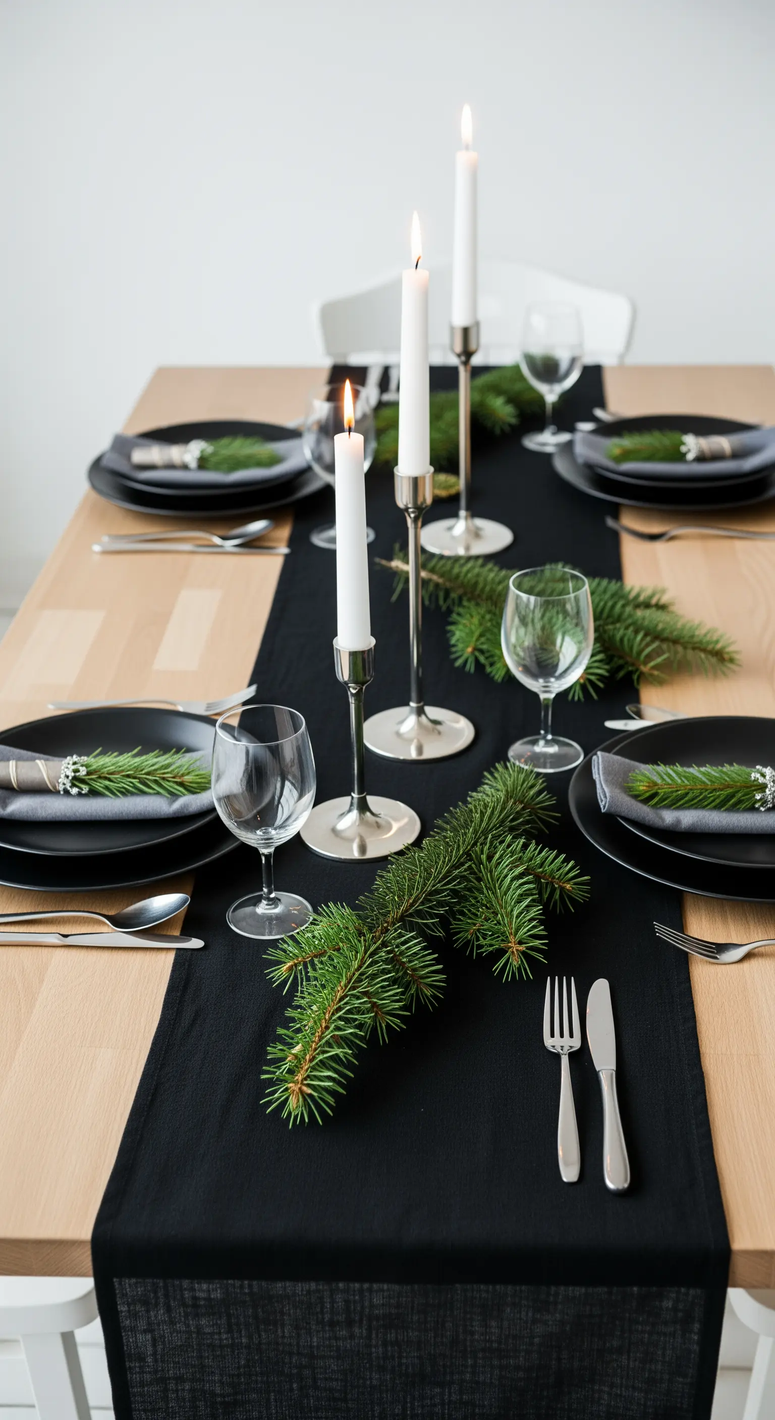 Tavola in stile scandinavo con runner nero, rami d'abete e candelabri sottili.