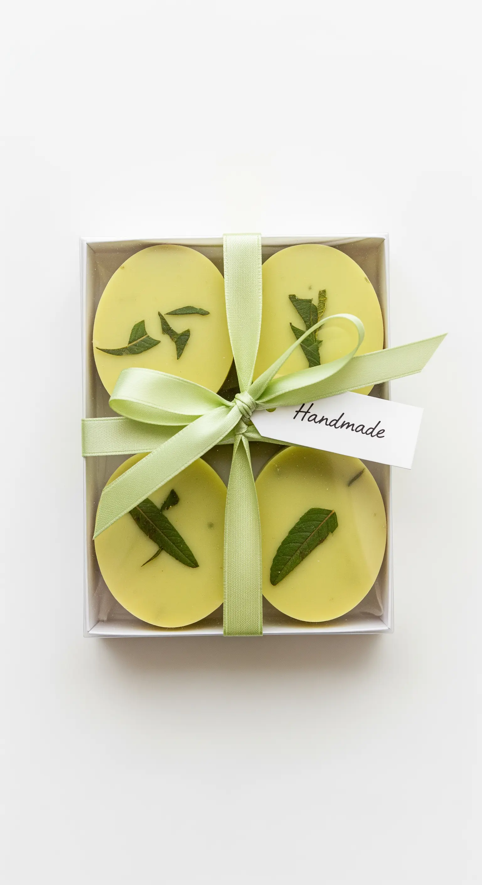 Saponi rotondi alla menta in una scatola trasparente con nastro verde ed etichetta scritta a mano.