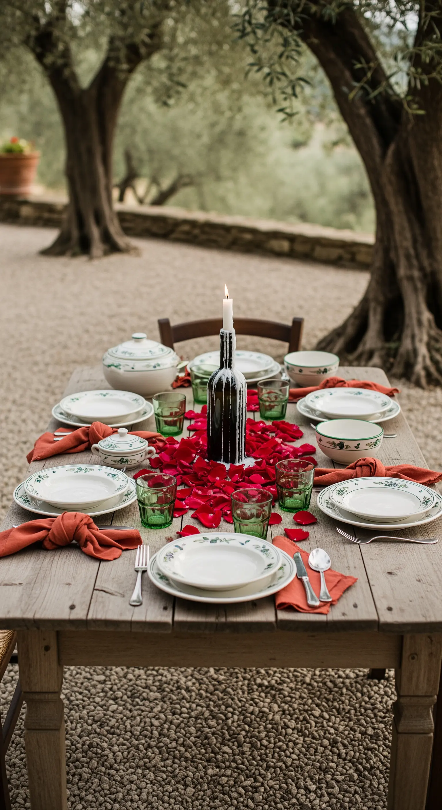 Tavola rustica in un uliveto con bottiglia di vino come portacandele e petali rossi