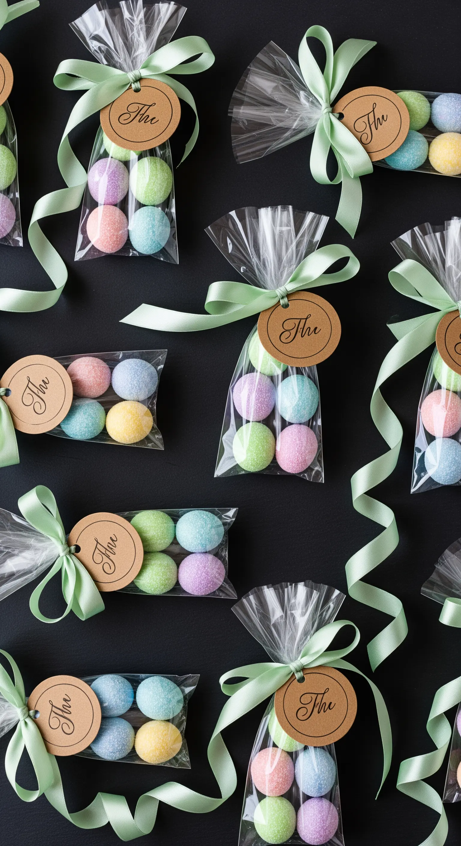 Sacchetti trasparenti con ovetti pastello, nastro verde menta e tag rotondo.