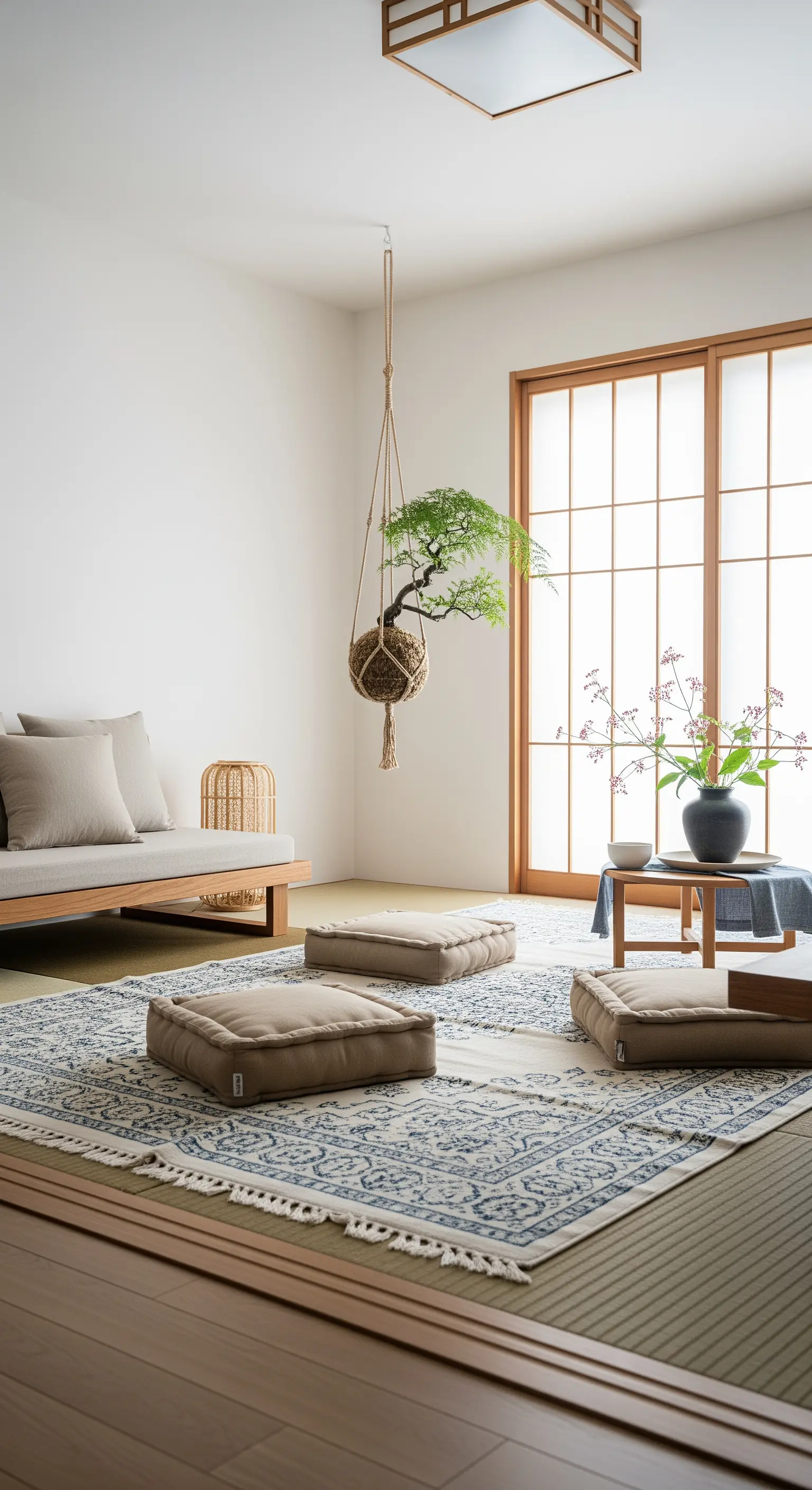 Salotto in stile giapponese con un bonsai kokedama sospeso, arredi bassi e un tappeto chiaro.
