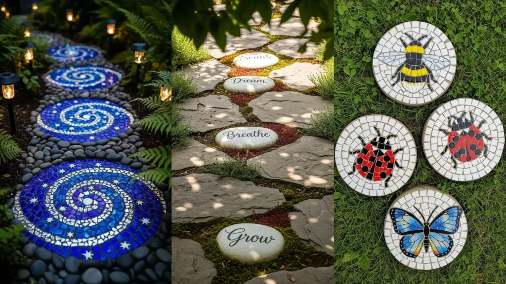Splendidi sentieri giardino decorati con pietre e mosaici creativi: spirali luminose, pietre con scritte ispiratrici e disegni di insetti.
