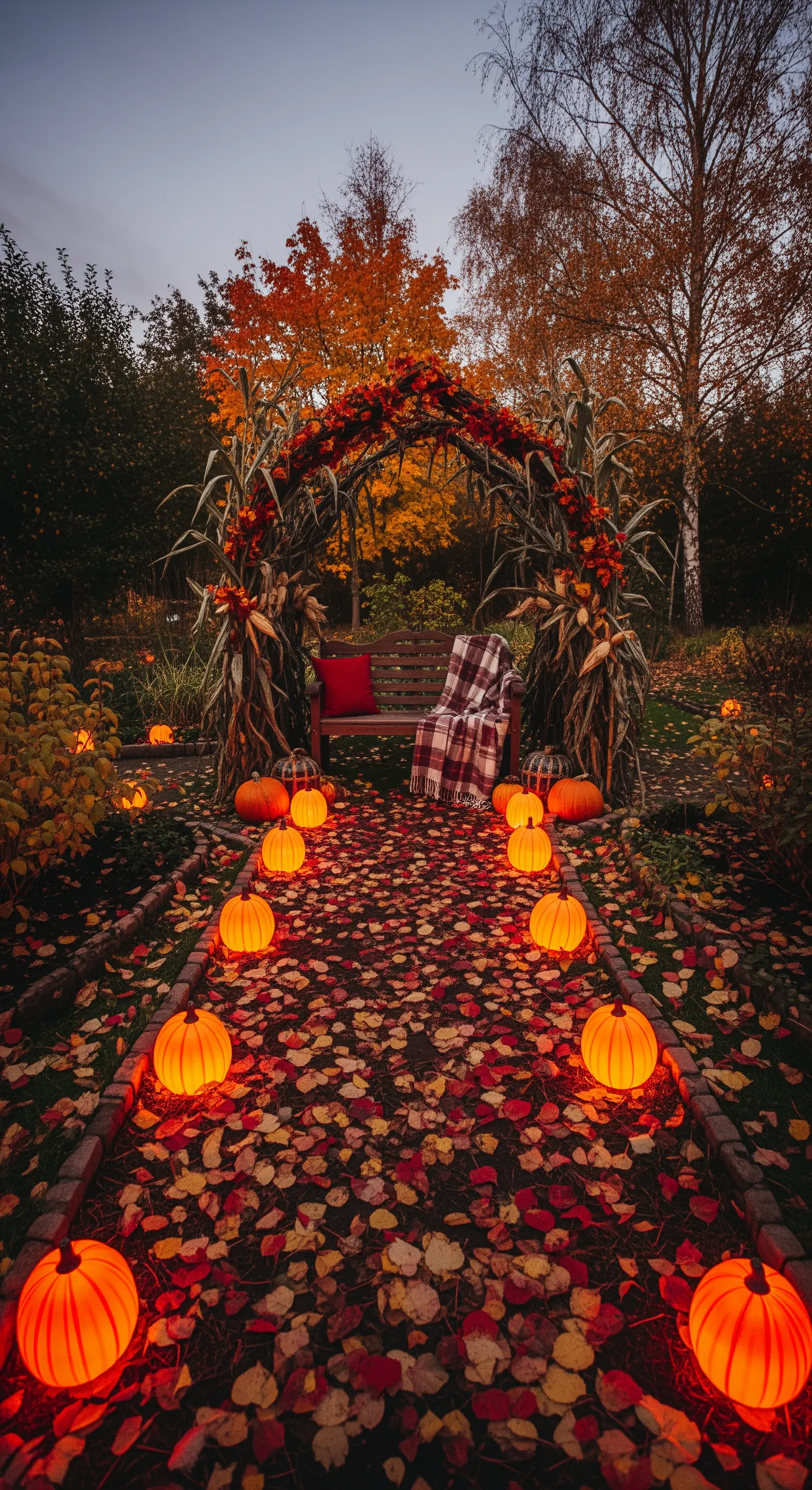 Sentiero autunnale coperto di foglie, con un arco di mais e zucche intagliate e illuminate ai lati