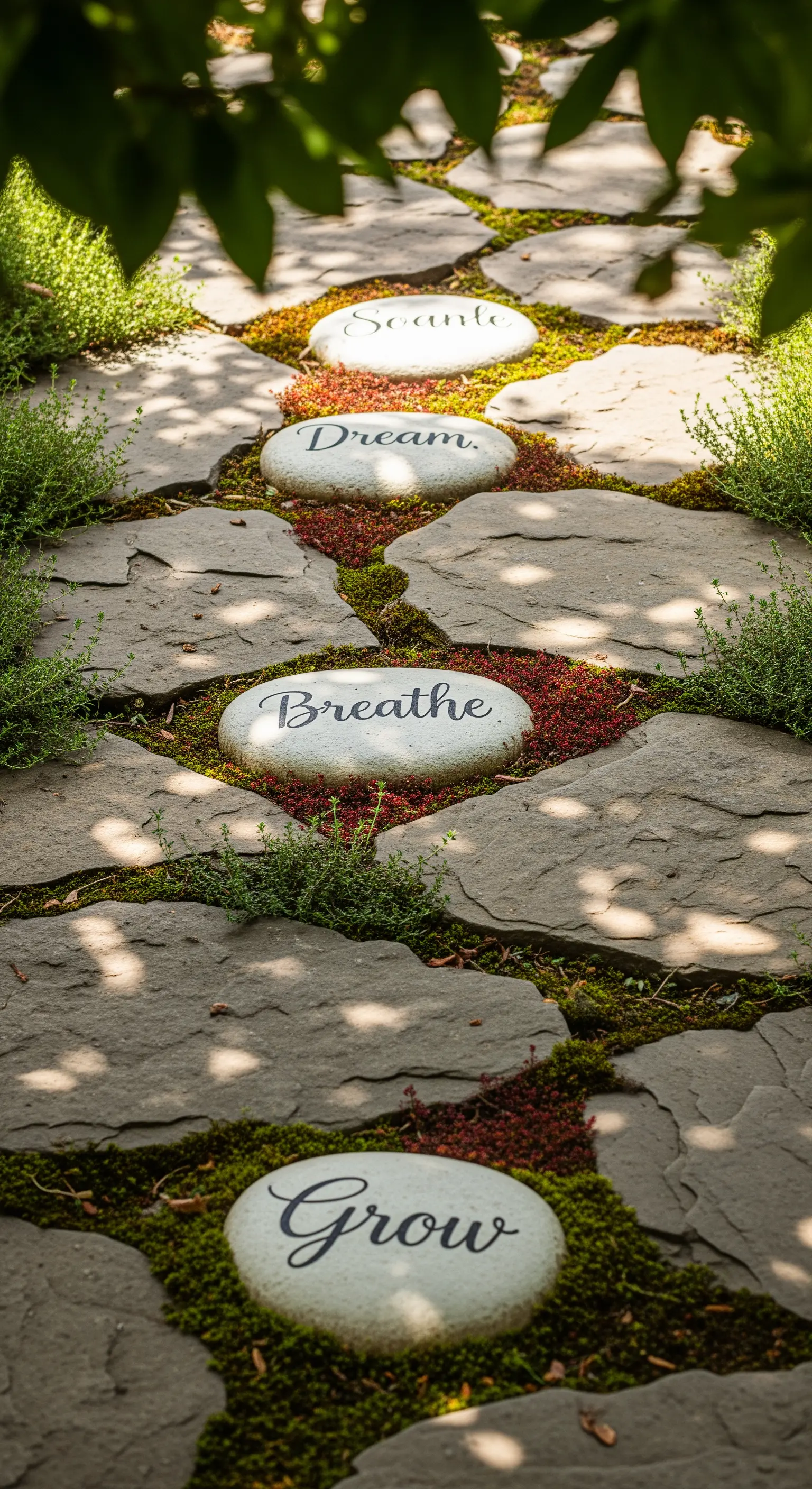 Sentiero in pietra con ciottoli bianchi su cui sono scritte parole come 'Grow' e 'Breathe'.