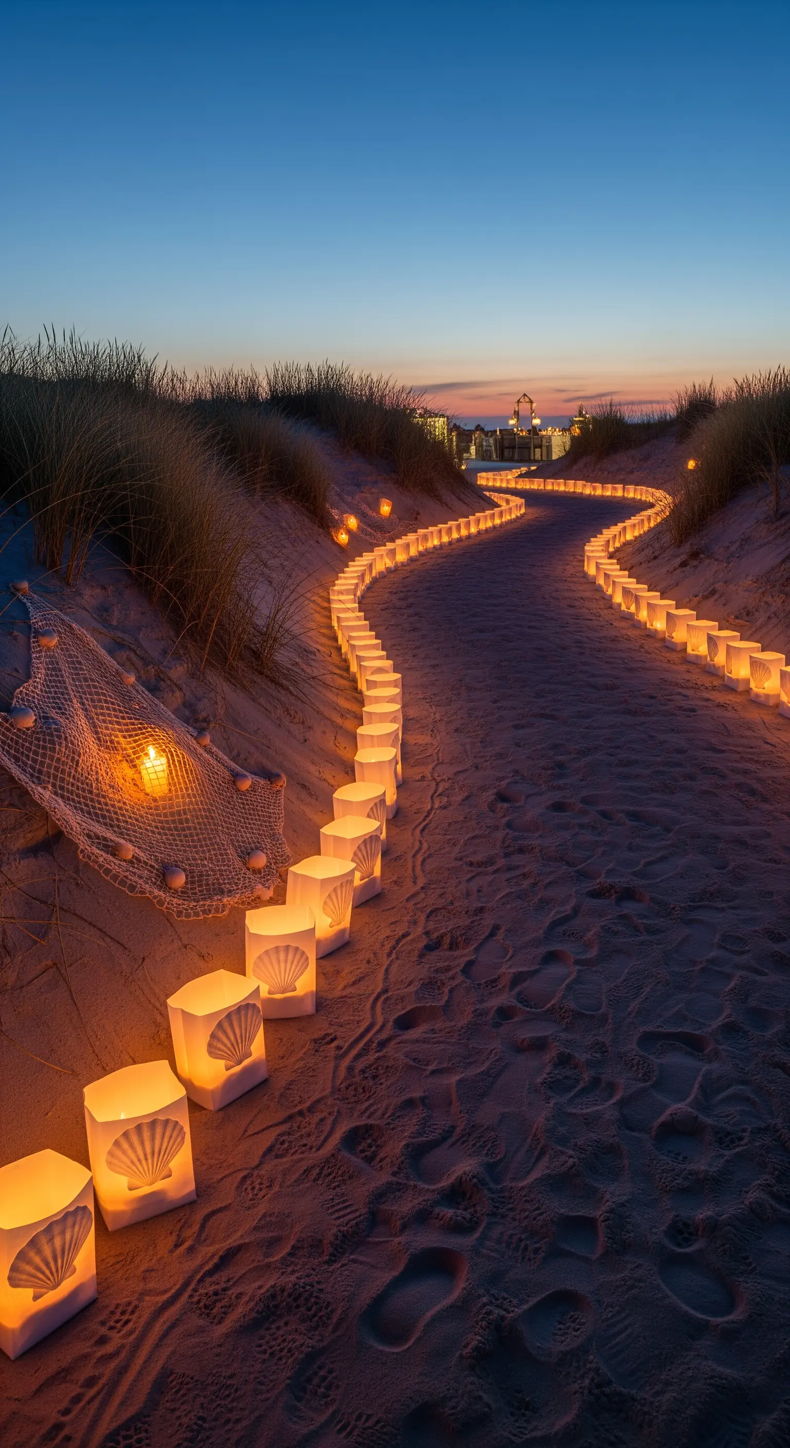 Sentiero sulla sabbia illuminato da una lunga fila di luminarie di carta con conchiglie