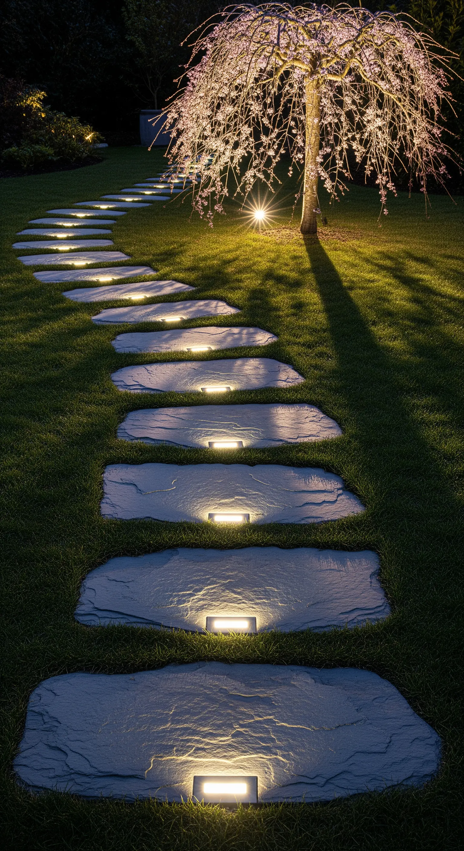 Sentiero sinuoso fatto di lastre di pietra illuminate dal basso su un prato verde.