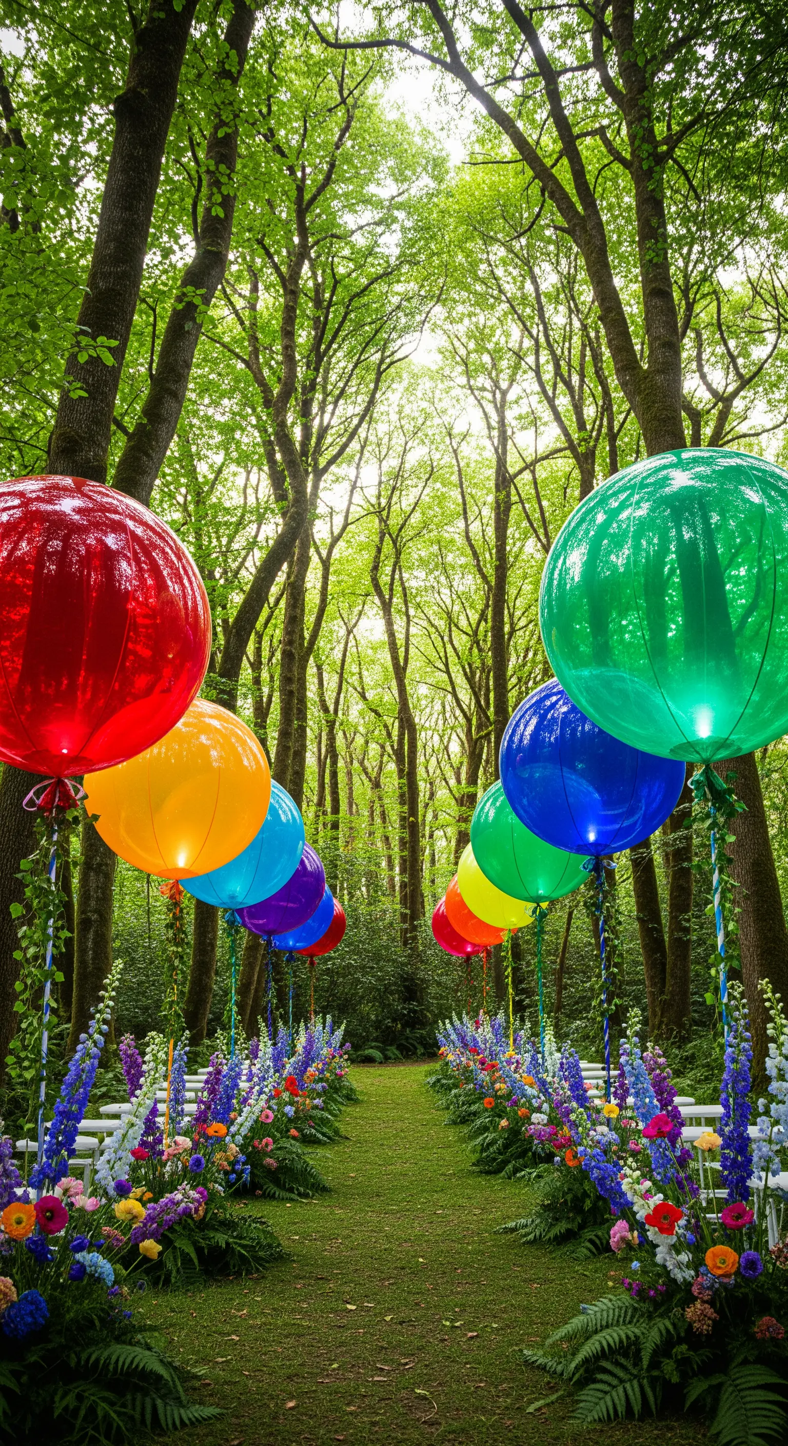 Sentiero nel bosco decorato con palloncini arcobaleno giganti e luminosi tra gli alberi.