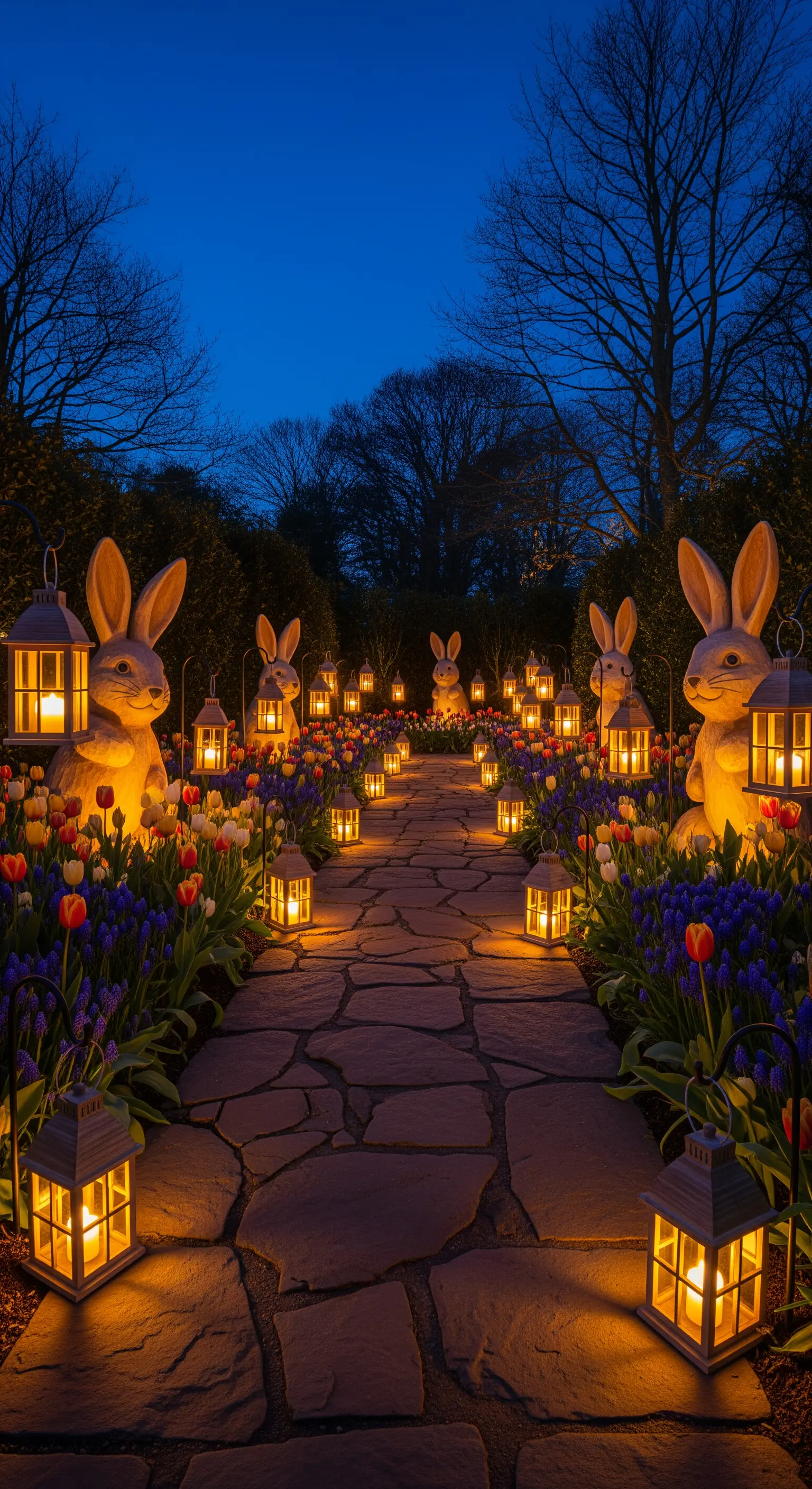 Giardino pasquale di notte illuminato da lanterne lungo un sentiero e statue di conigli.