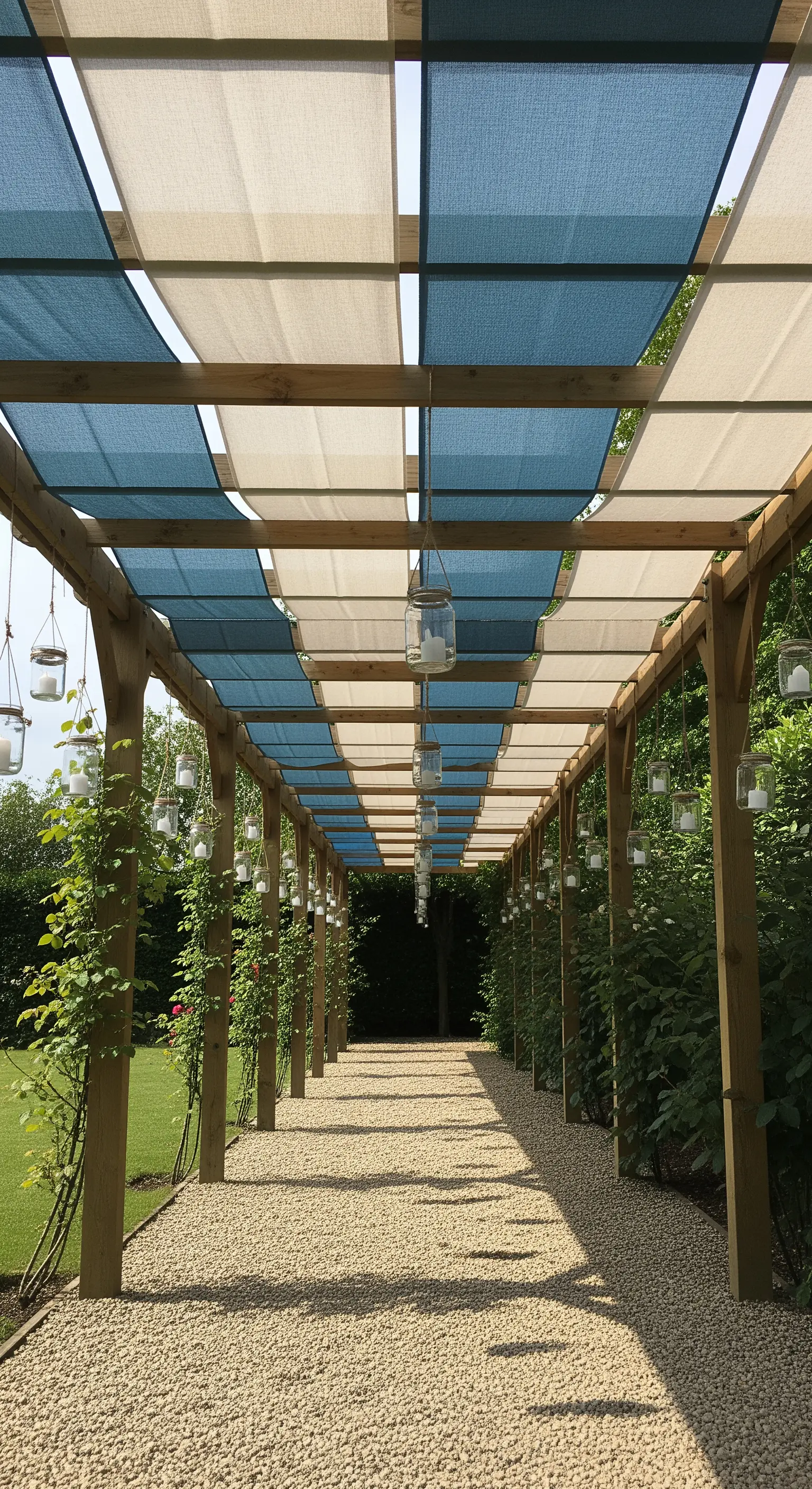 Lungo pergolato con teli blu e bianchi e lanterne fatte con barattoli.