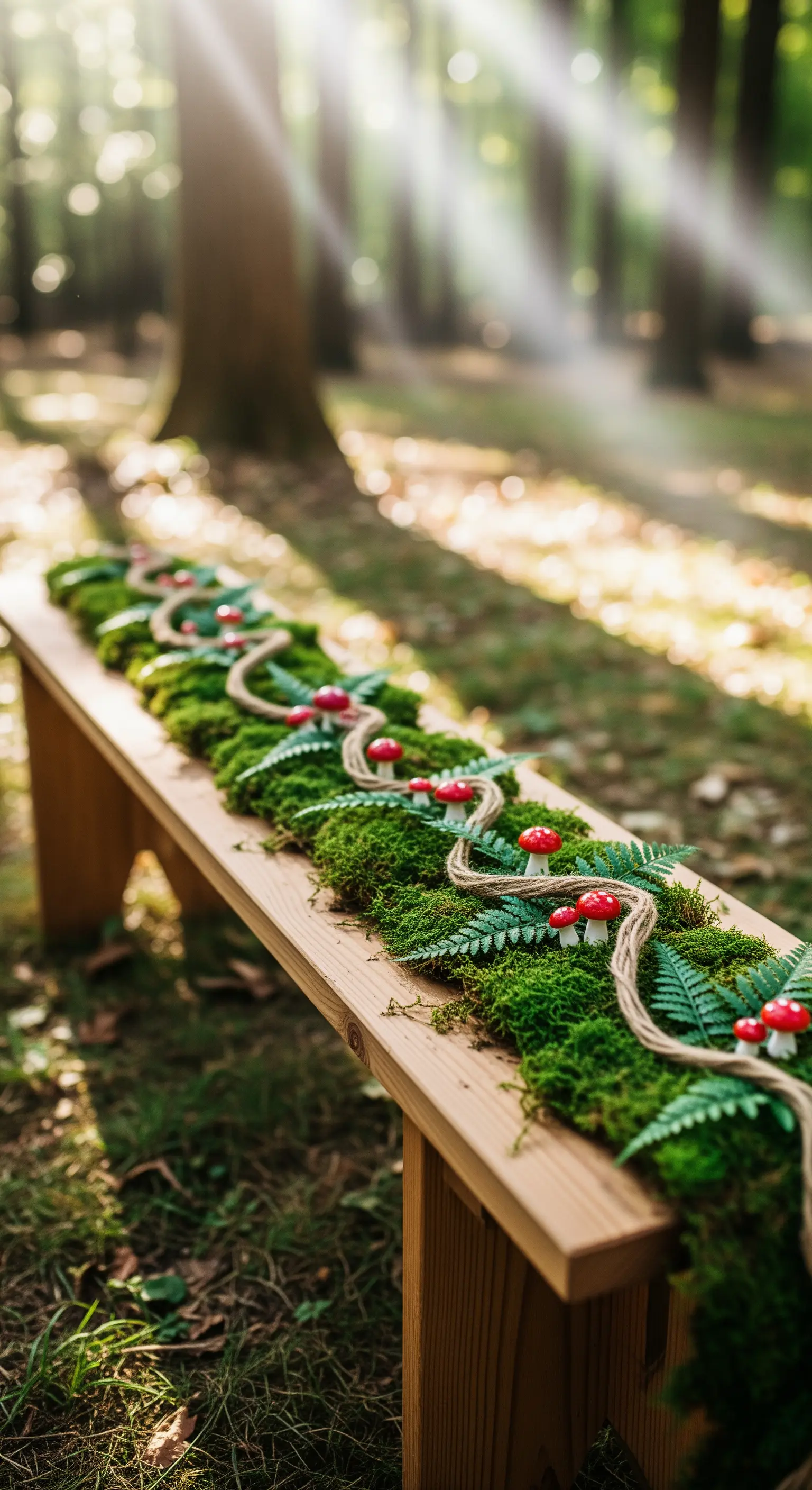 Panca di legno decorata con un sentiero di muschio, felci e piccoli funghi rossi.
