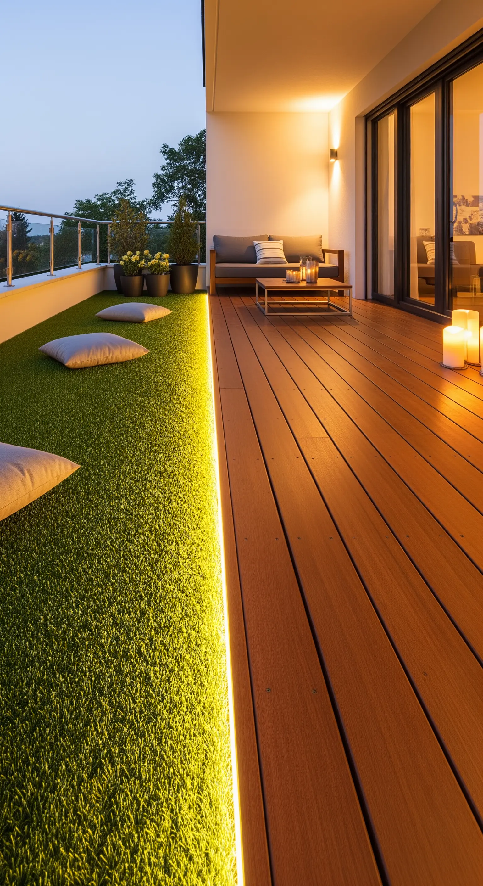 Balcone con pavimento in legno e una zona con prato sintetico, separati da una striscia LED