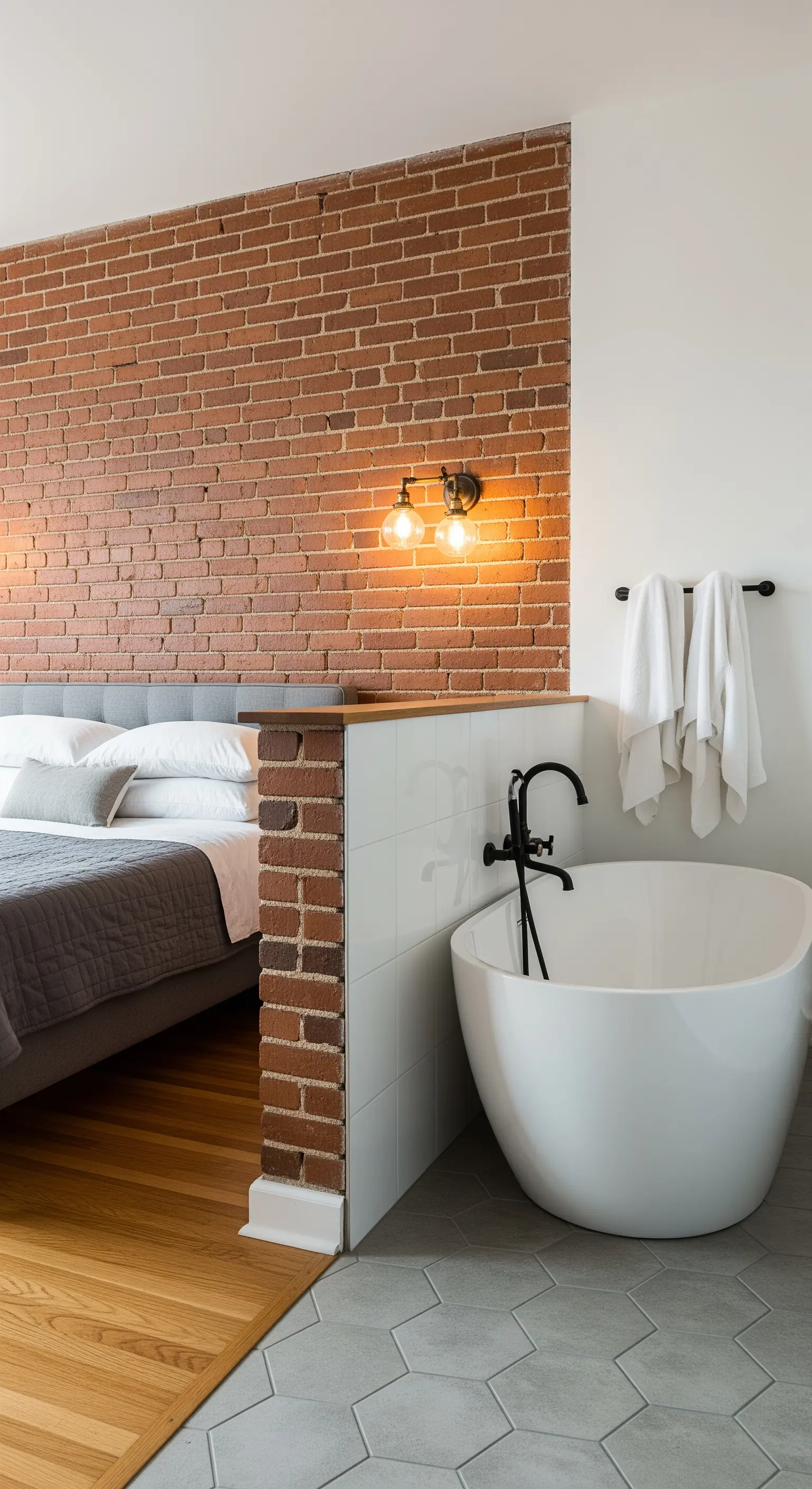Camera da letto con muretto in mattoni che separa la zona notte dalla vasca da bagno.