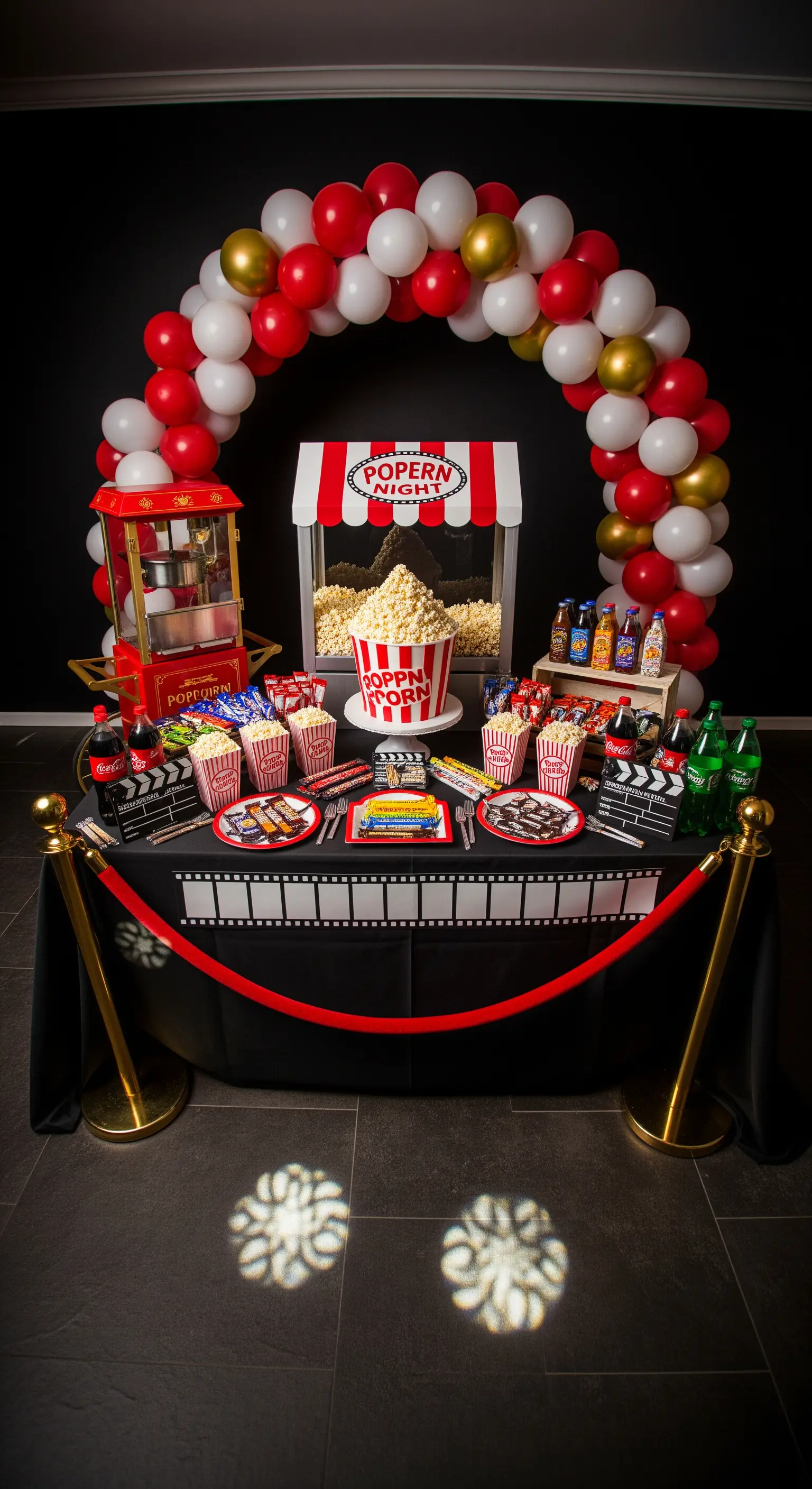 Angolo cinema con macchina dei popcorn, bibite, snack e un arco di palloncini rosso e oro.