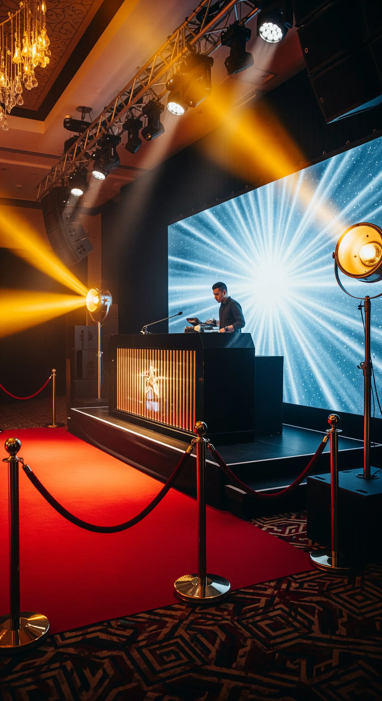 DJ su un palco con tappeto rosso, transenne e faretti da cinema.