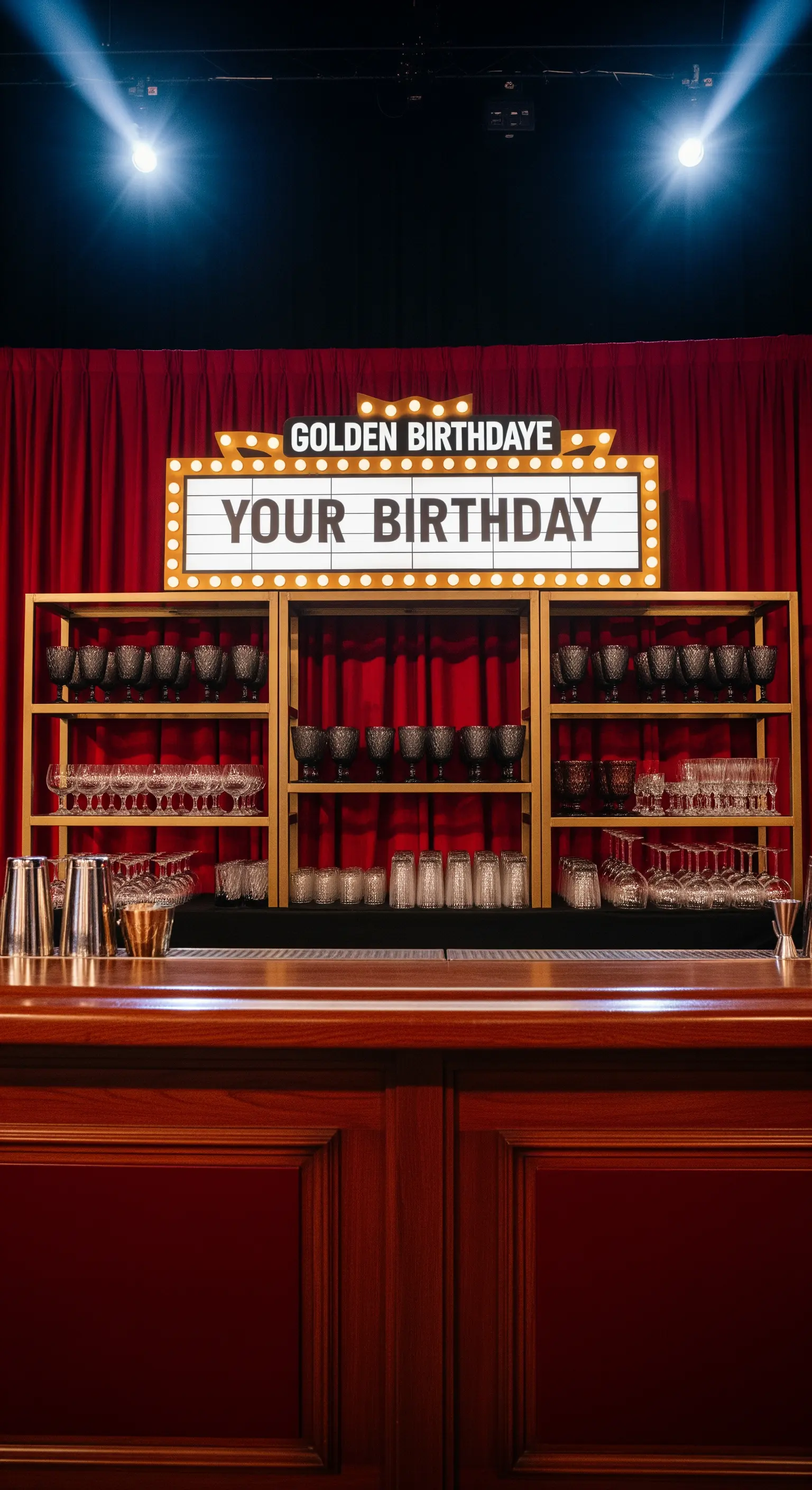 Bar a tema cinema con insegna luminosa marquee, tende rosse e bicchieri eleganti.