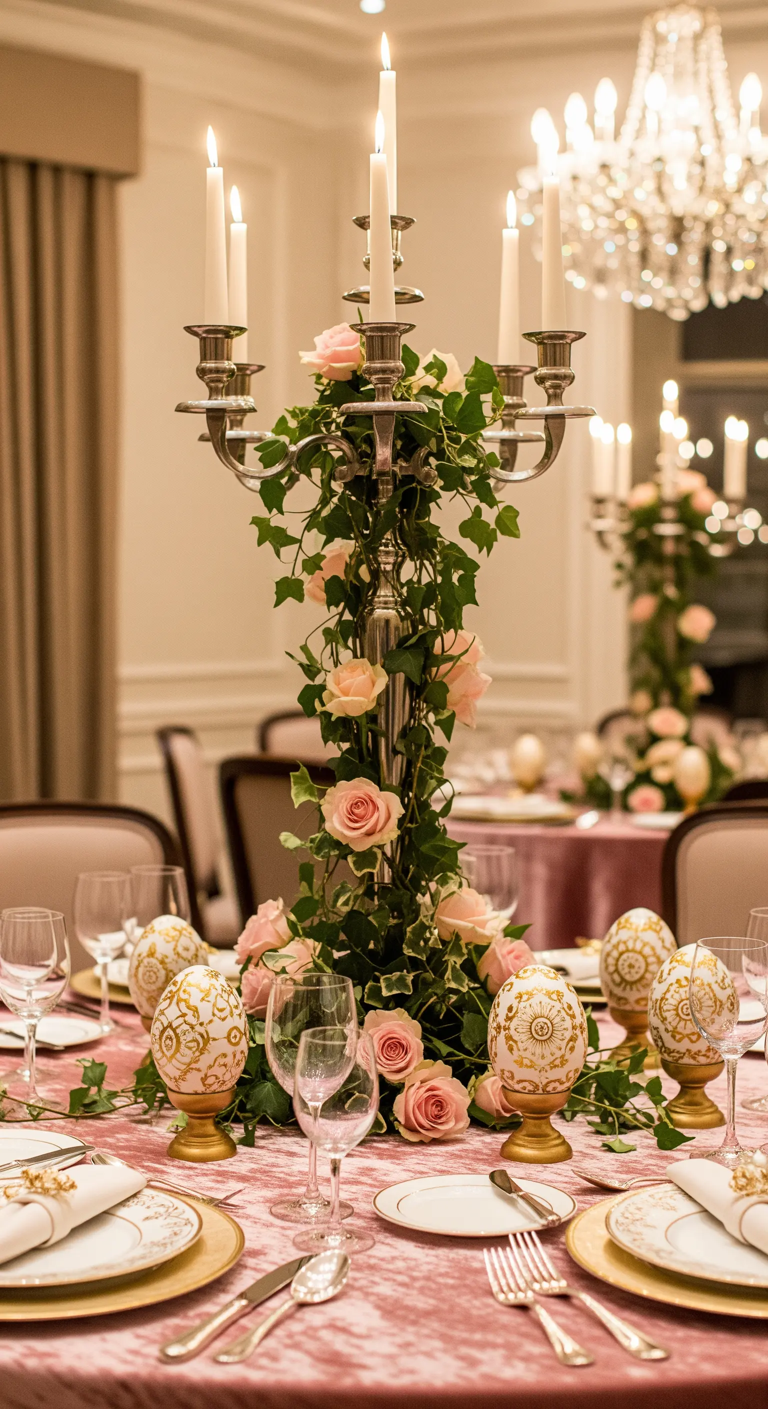 Tavola pasquale elegante con candelabro, rose rosa, e uova decorate in stile barocco.
