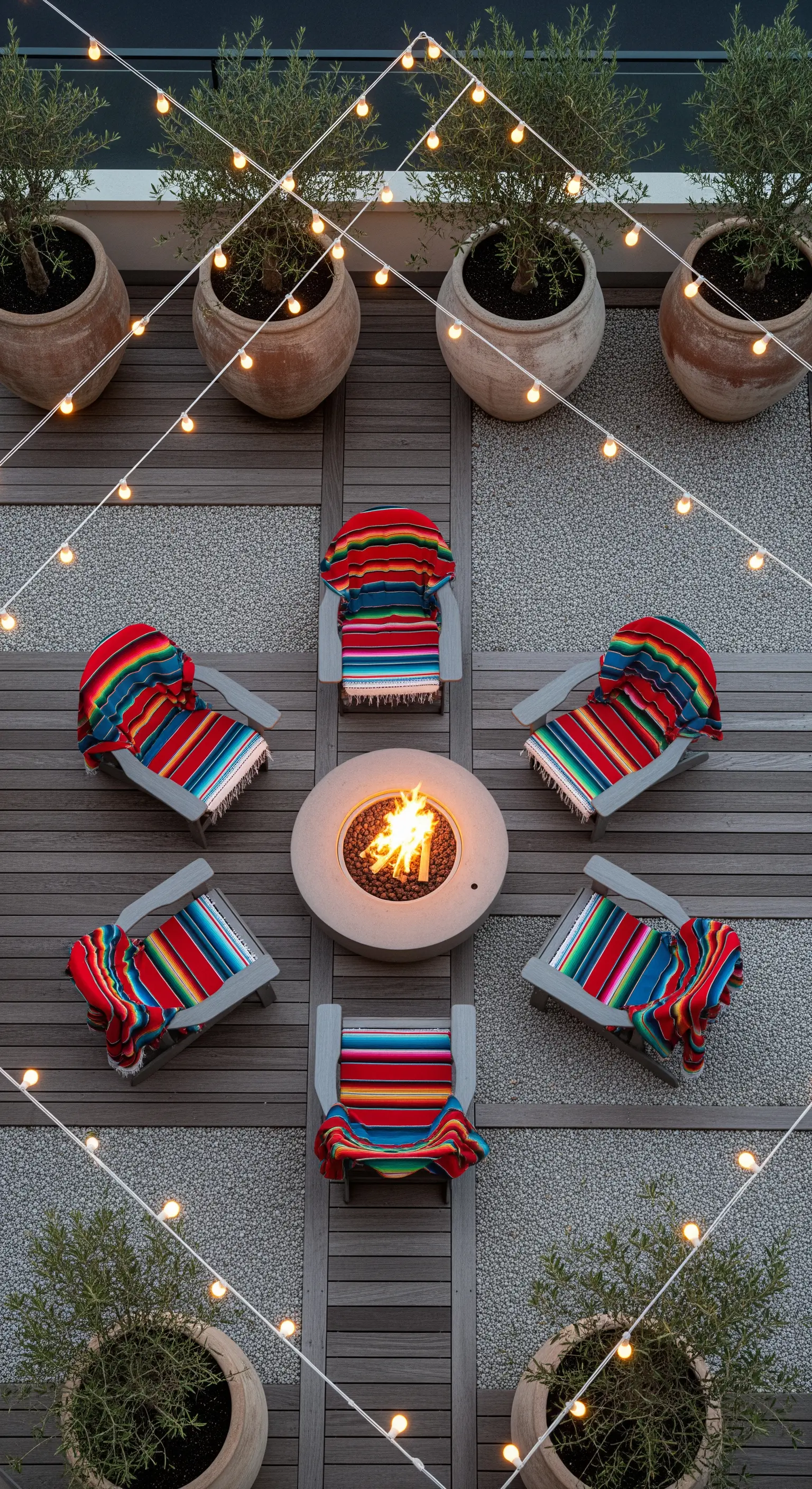 Vista aerea di sedie attorno a un braciere, con coperte messicane colorate e luci a stringa.