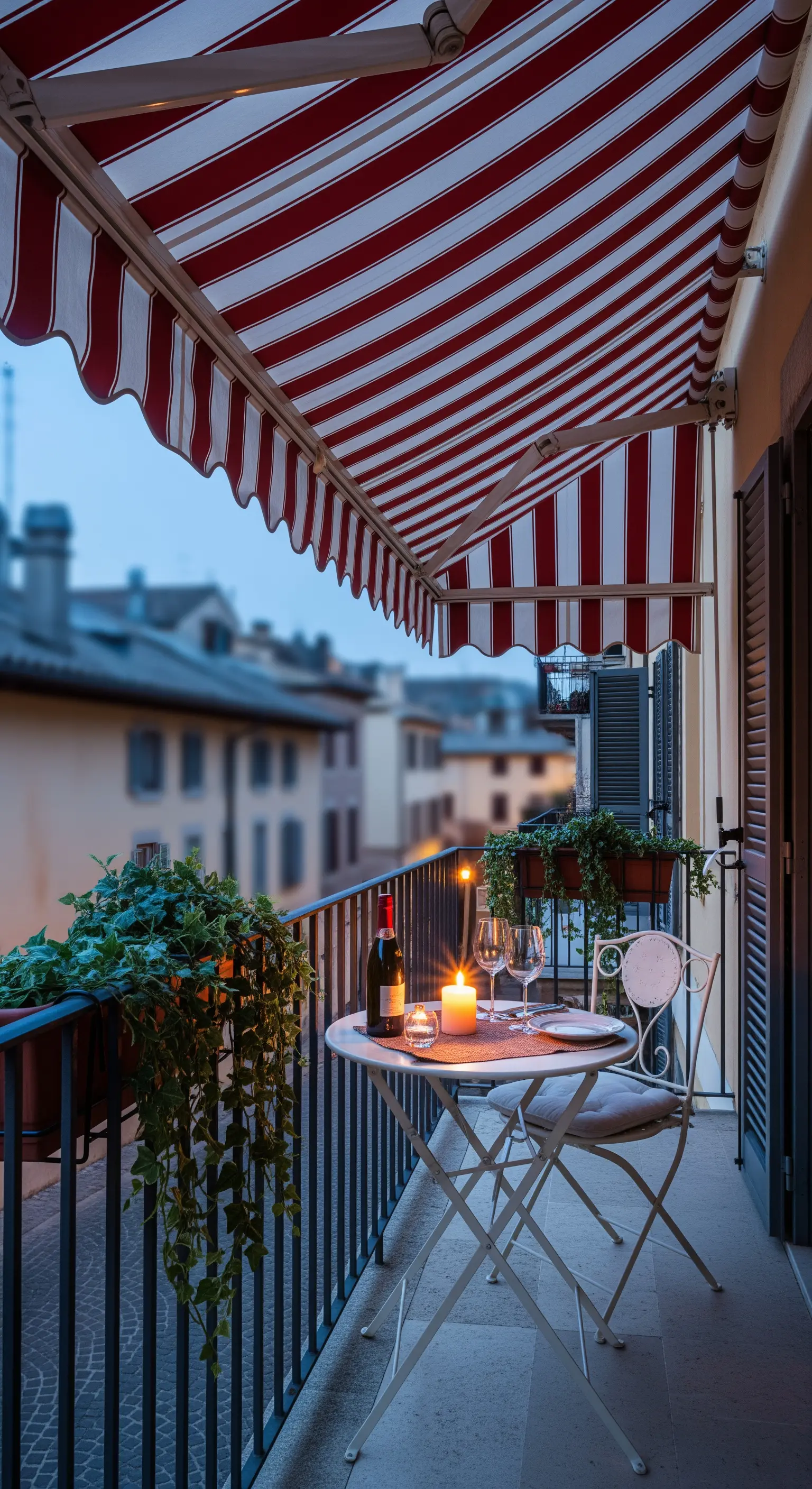 Balcone illuminato da una candela per una cena serale, con tenda a righe rosse.