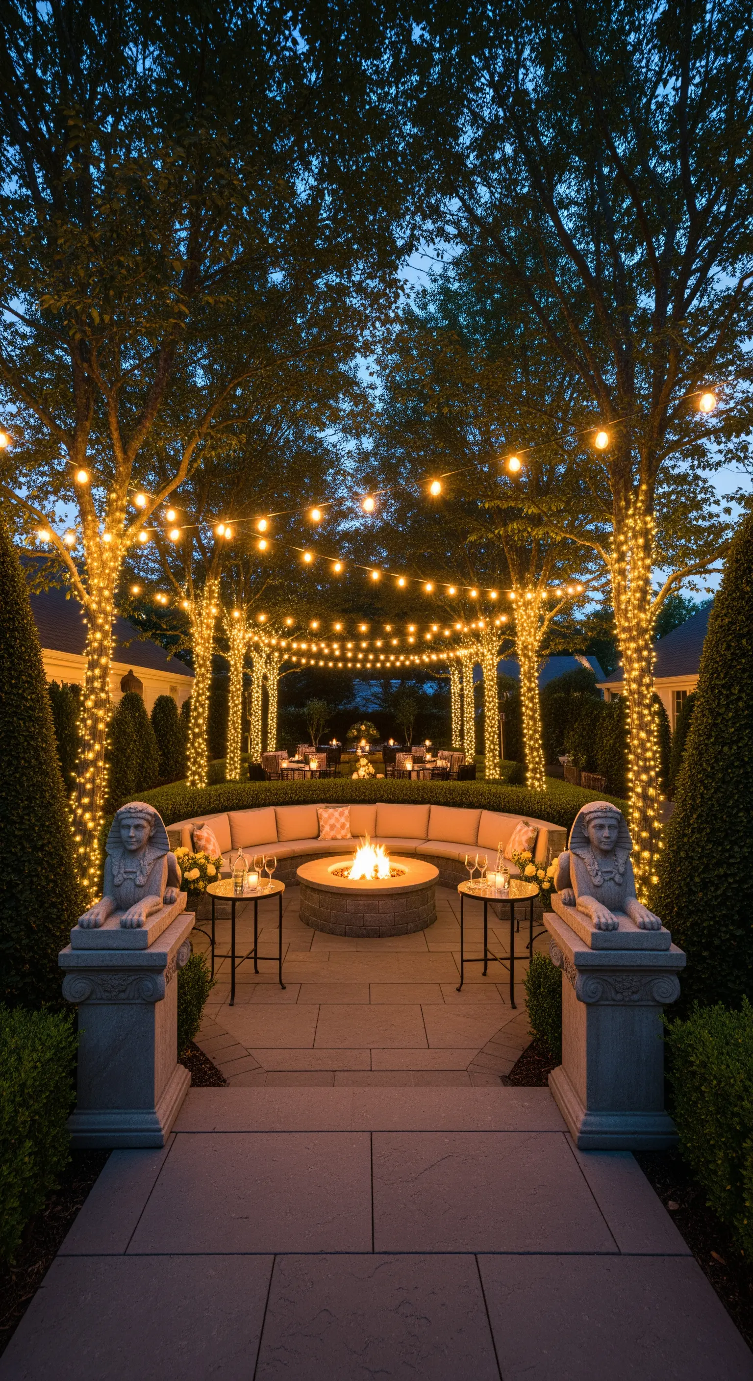 Patio di lusso di notte, con un braciere acceso, divano curvo e alberi avvolti di luci.