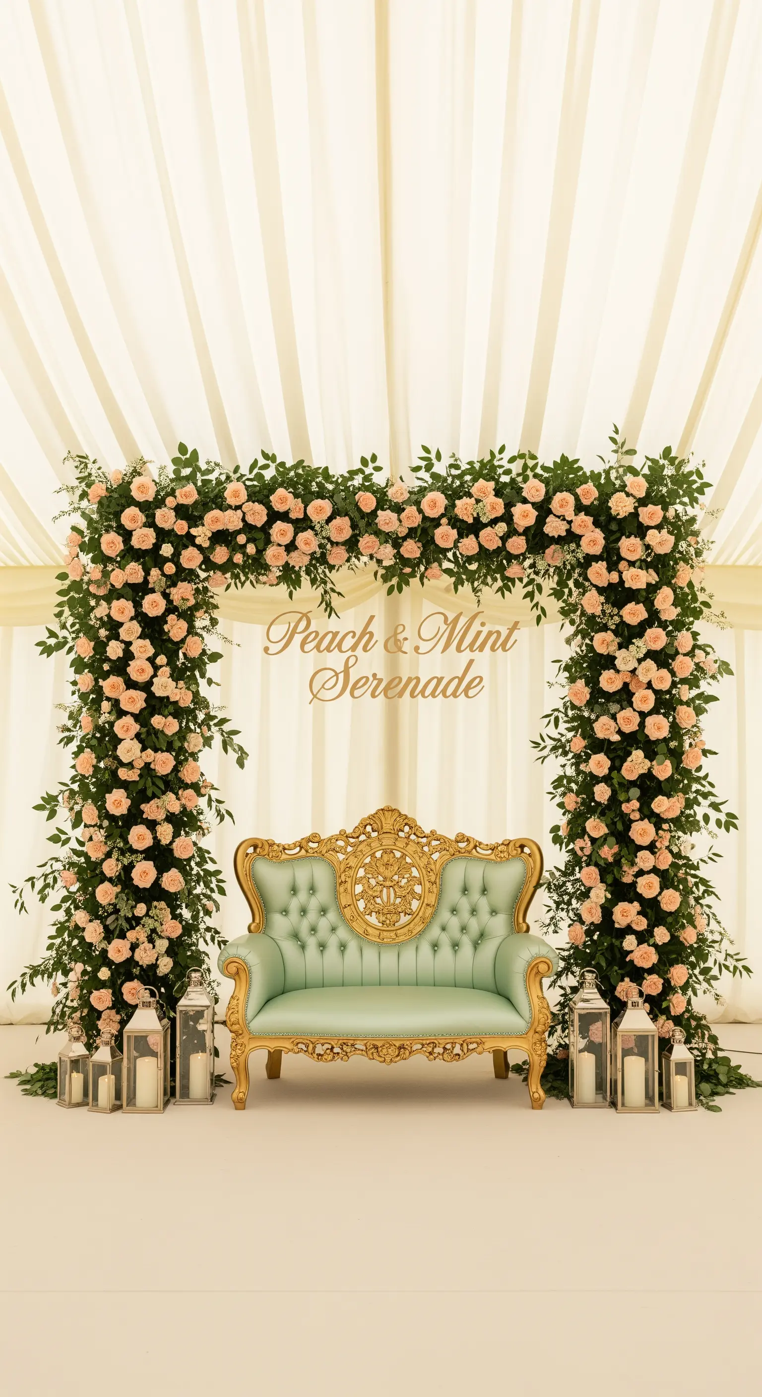 Divanetto barocco verde menta sotto un arco di rose color pesca.