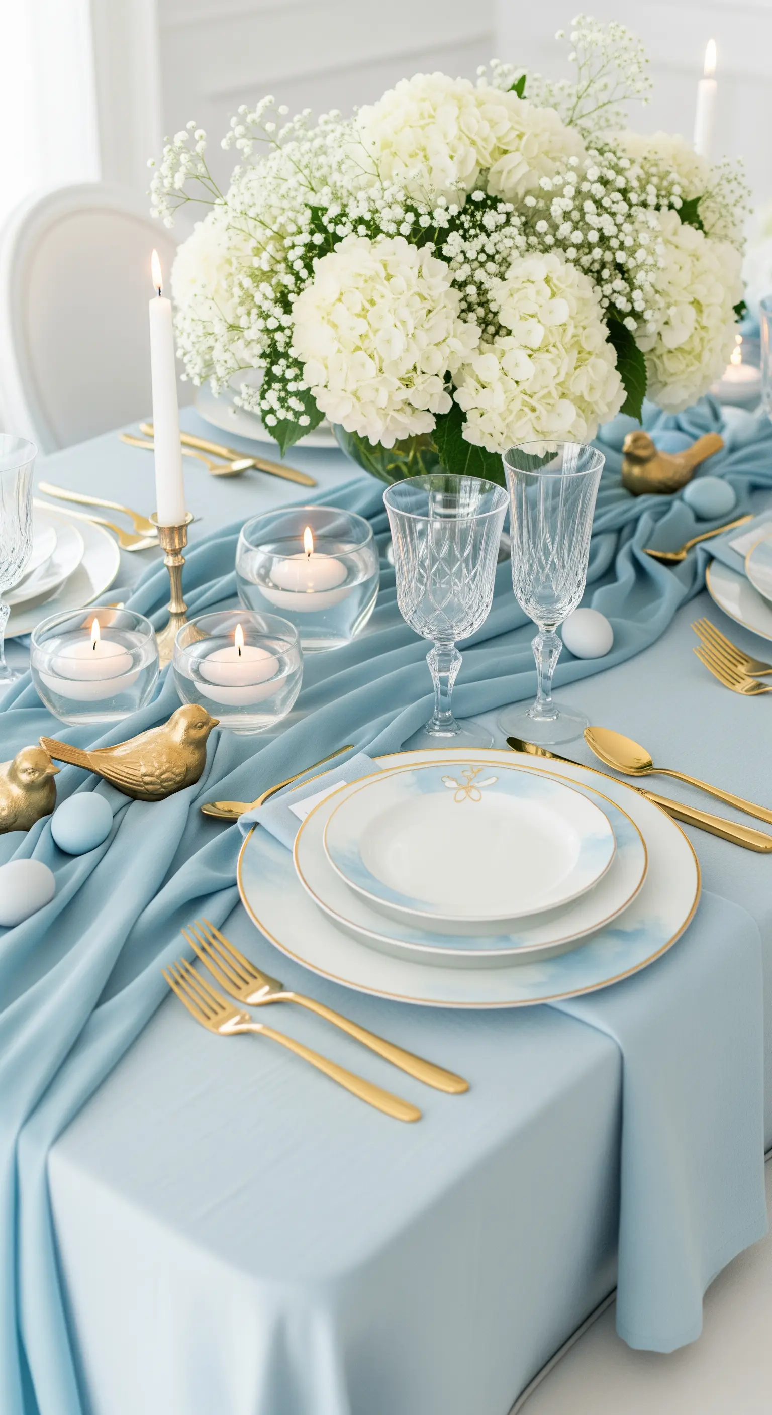 Tavola pasquale azzurra e bianca con ortensie, candele galleggianti e uccellini dorati.