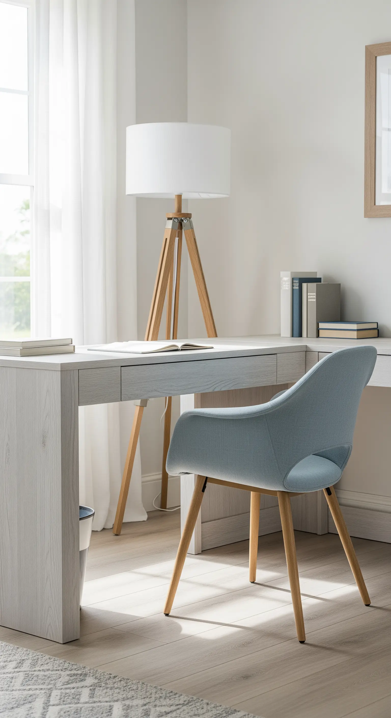 Scrivania in legno chiaro, sedia azzurra e lampada treppiede in un ambiente luminoso.