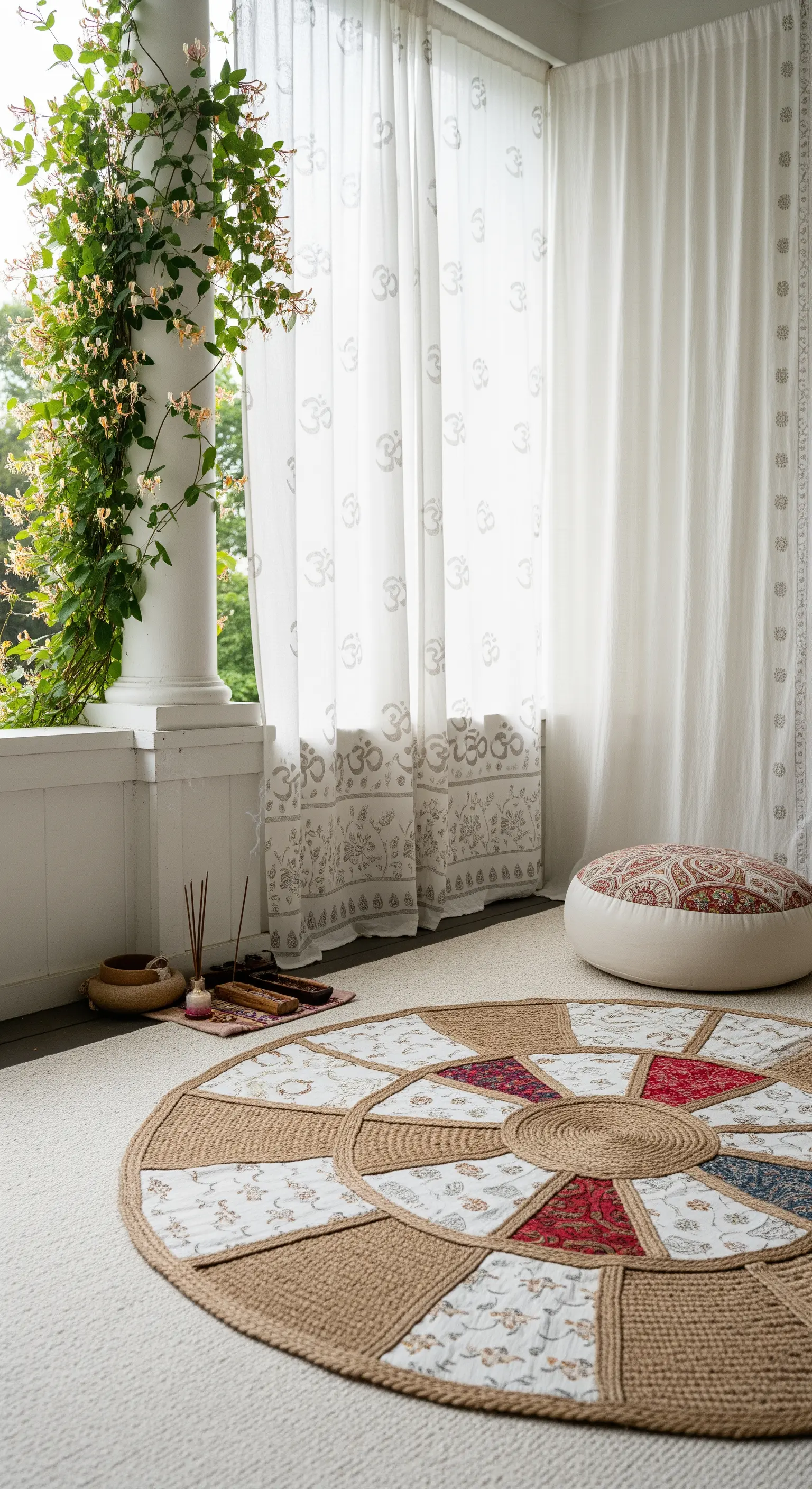 Angolo yoga su un portico bianco con tappeto rotondo in iuta, tende bianche e incensi.