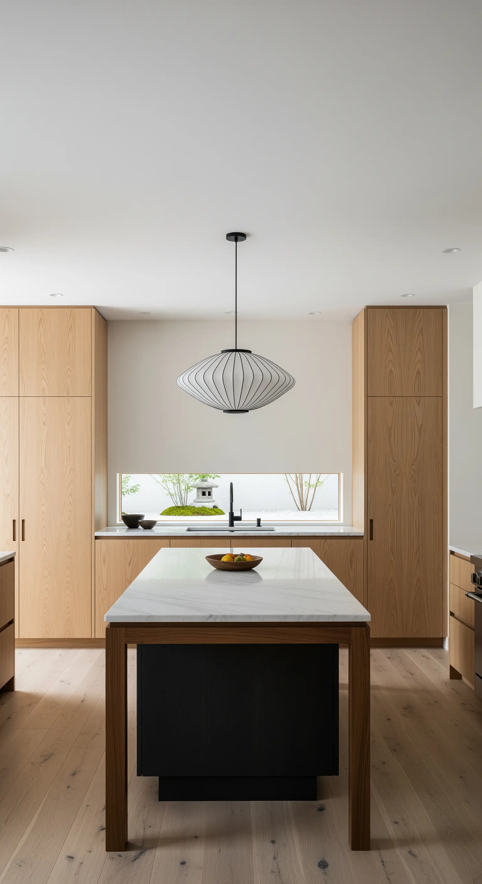 Cucina in stile giapponese con mobili in legno chiaro e lampada a sospensione in carta.