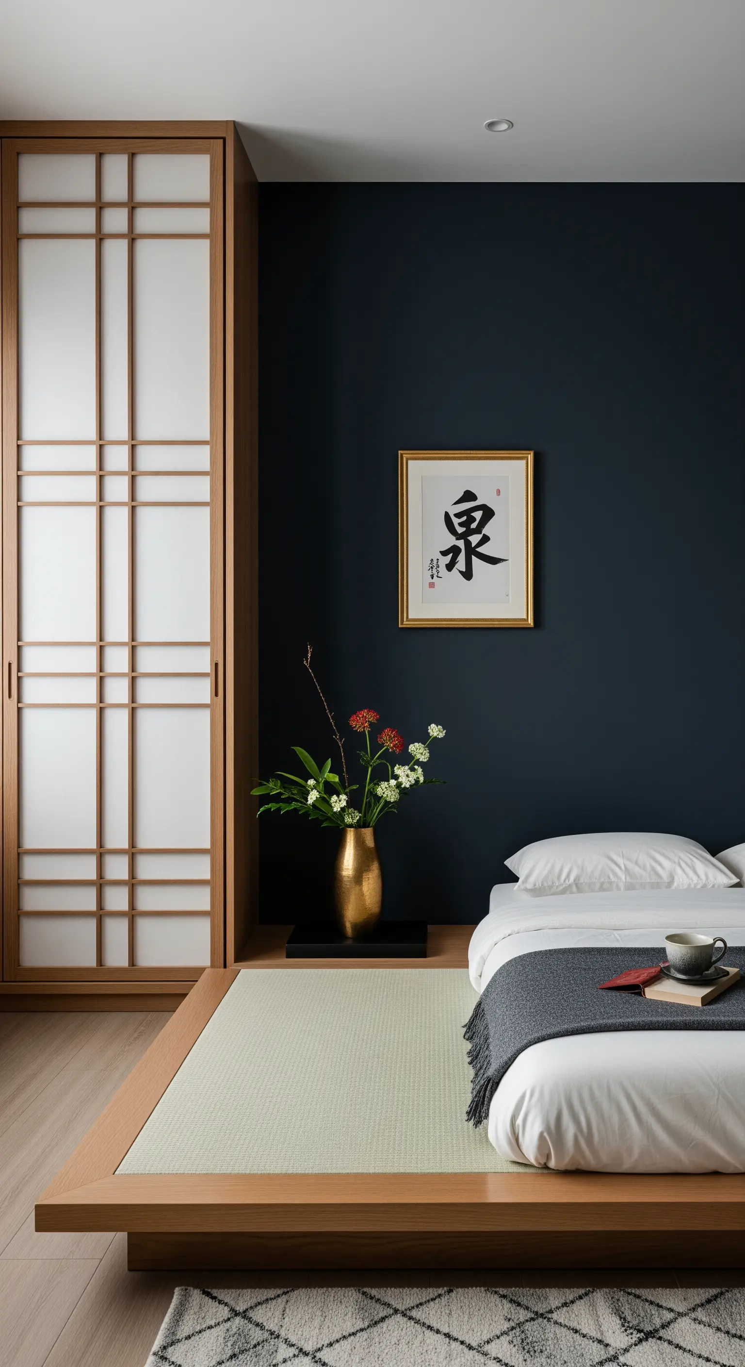 Camera da letto in stile giapponese con parete blu, letto basso su tatami e armadio shoji.