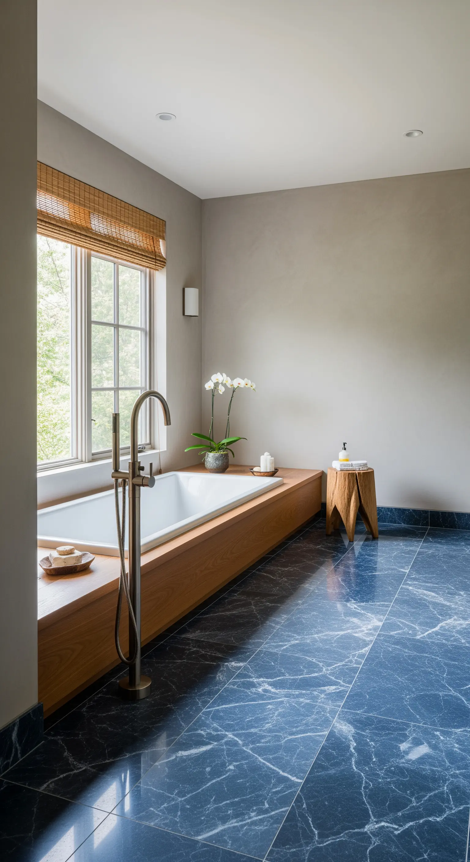 Bagno con pavimento in marmo blu, vasca incassata nel legno e pareti color tortora.