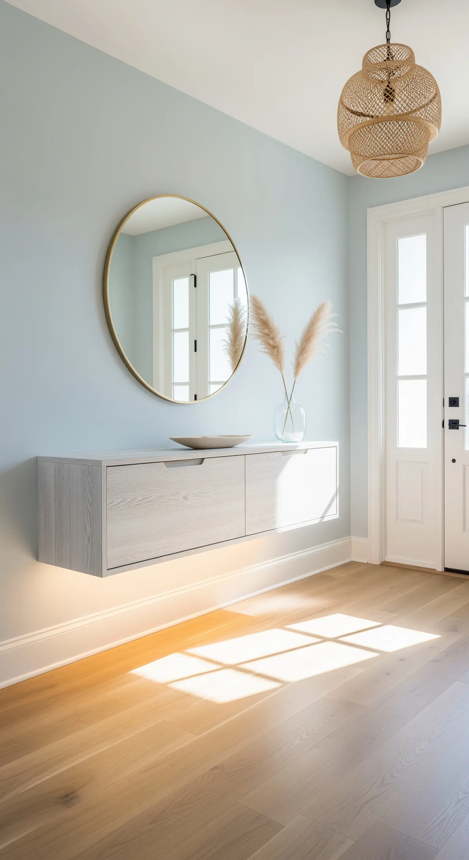 Consolle sospesa in legno chiaro, specchio rotondo e lampada in rattan su parete azzurra.