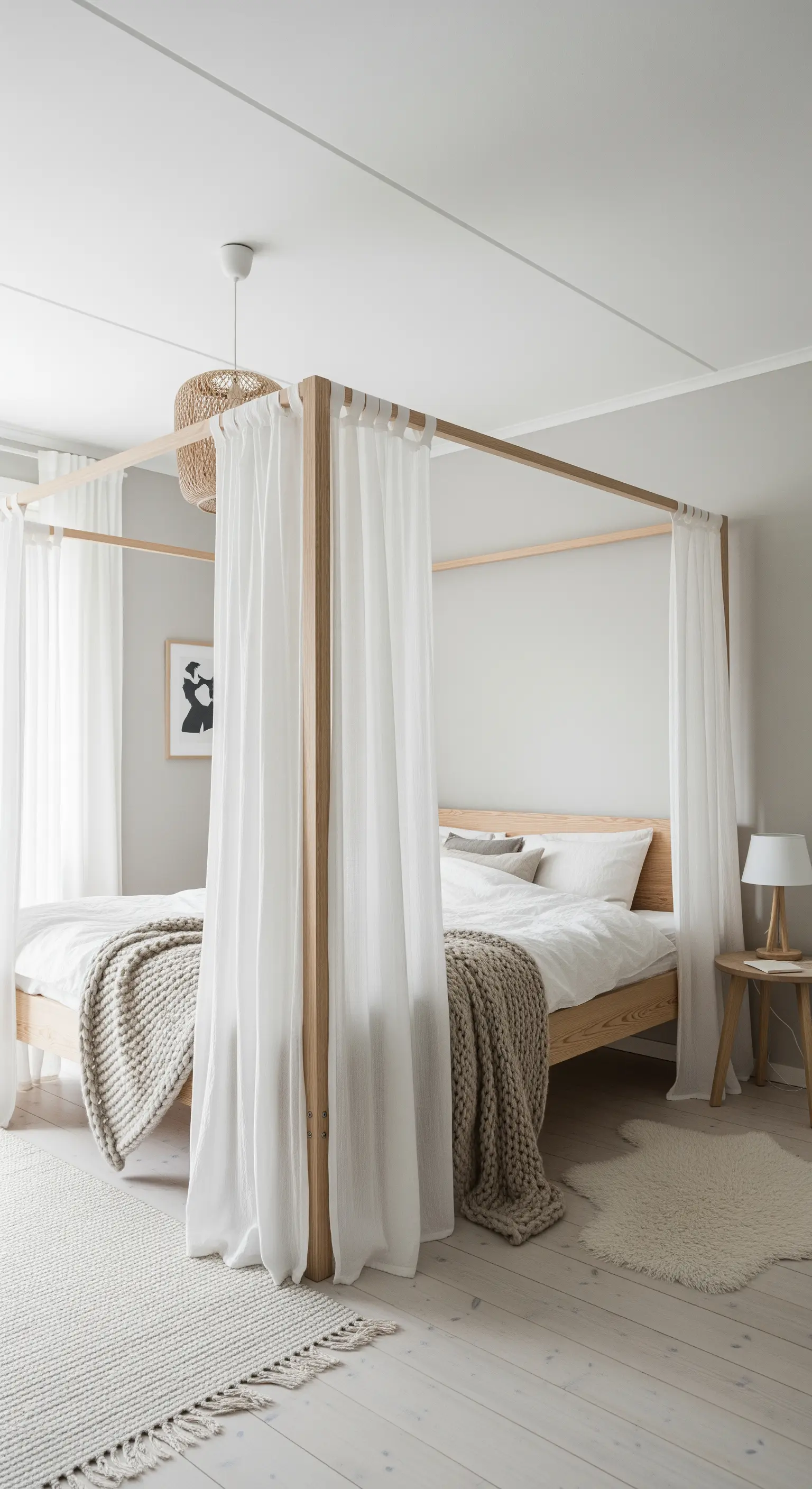 Letto a baldacchino in legno chiaro con tende bianche e tessuti grezzi in una camera minimalista.