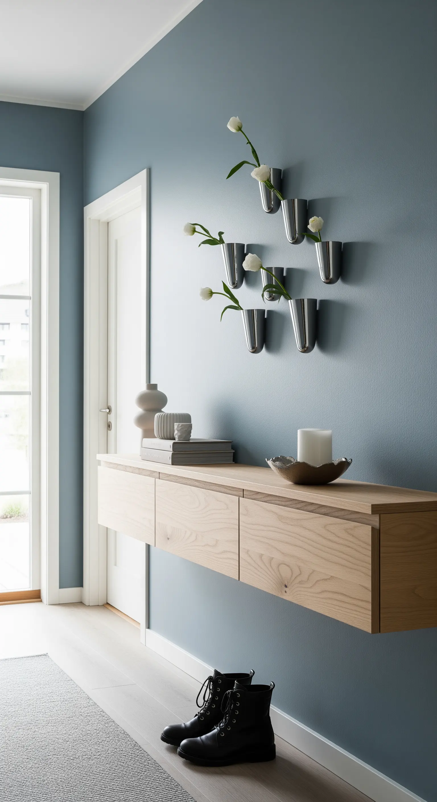 Parete blu polvere con consolle sospesa in legno chiaro e vasi da parete in metallo.