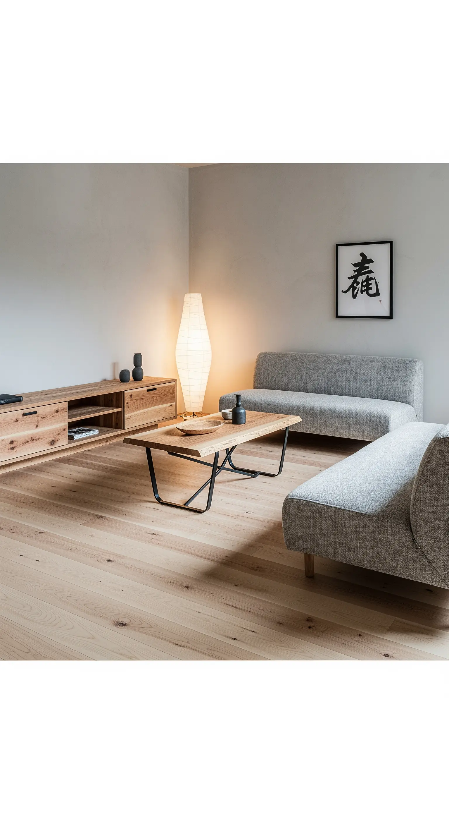 Soggiorno minimalista con arredi bassi in legno chiaro e metallo nero e lampada in carta di riso.