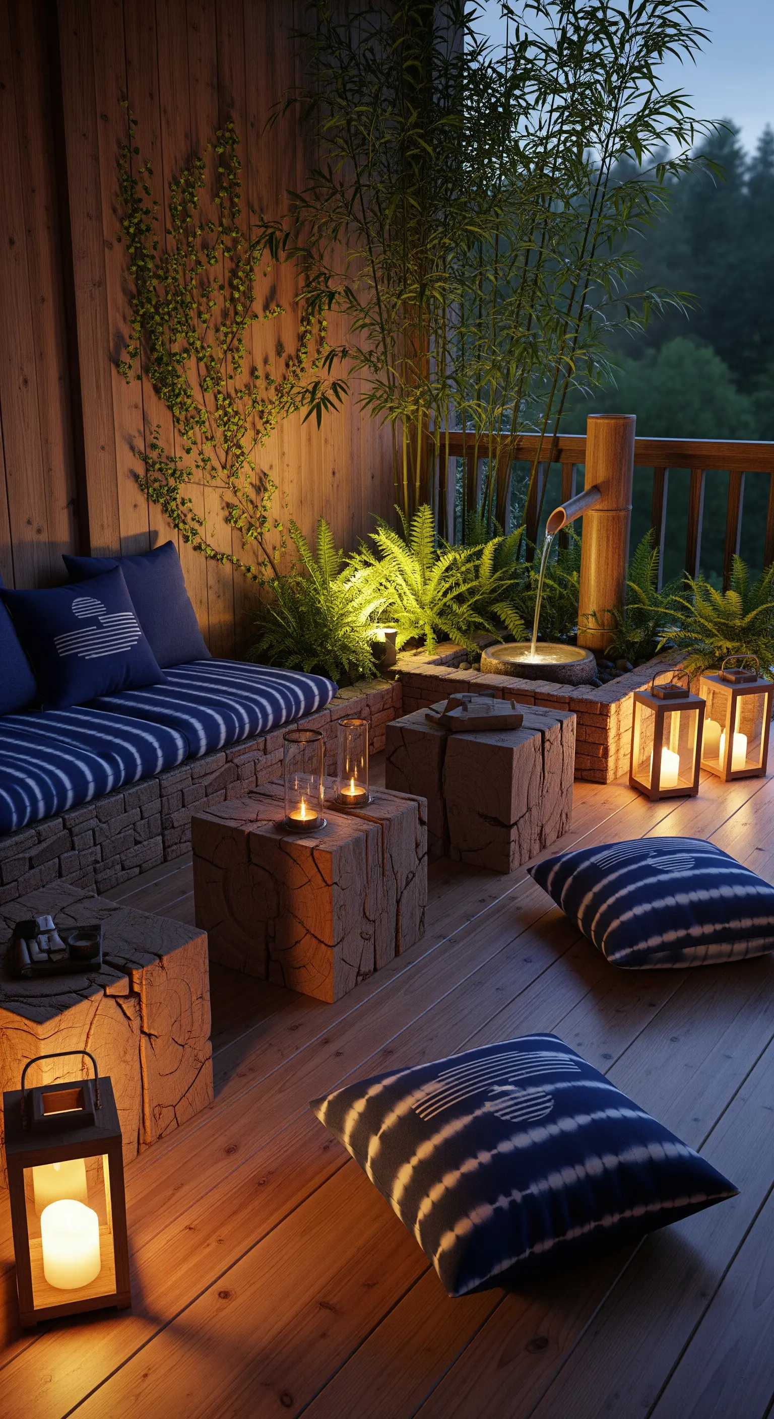 Balcone in stile zen con fontana in bambù, tavolini in legno grezzo e cuscini blu.
