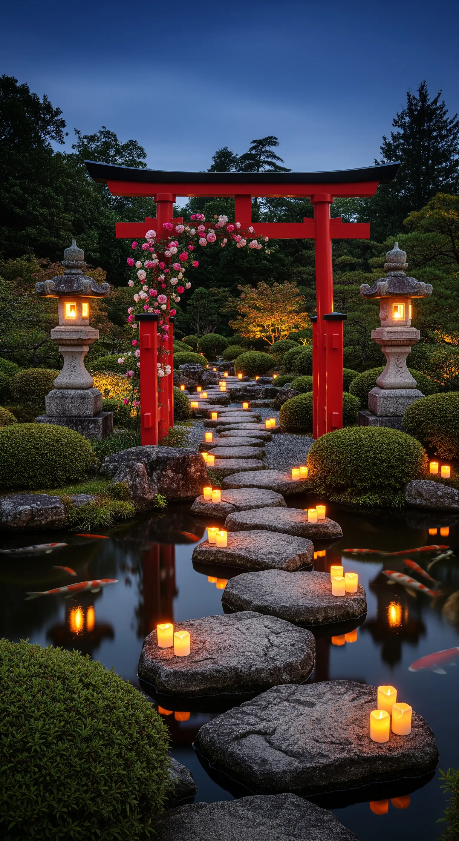Portale Torii giapponese in un giardino con laghetto, illuminato da lanterne di pietra e candele.