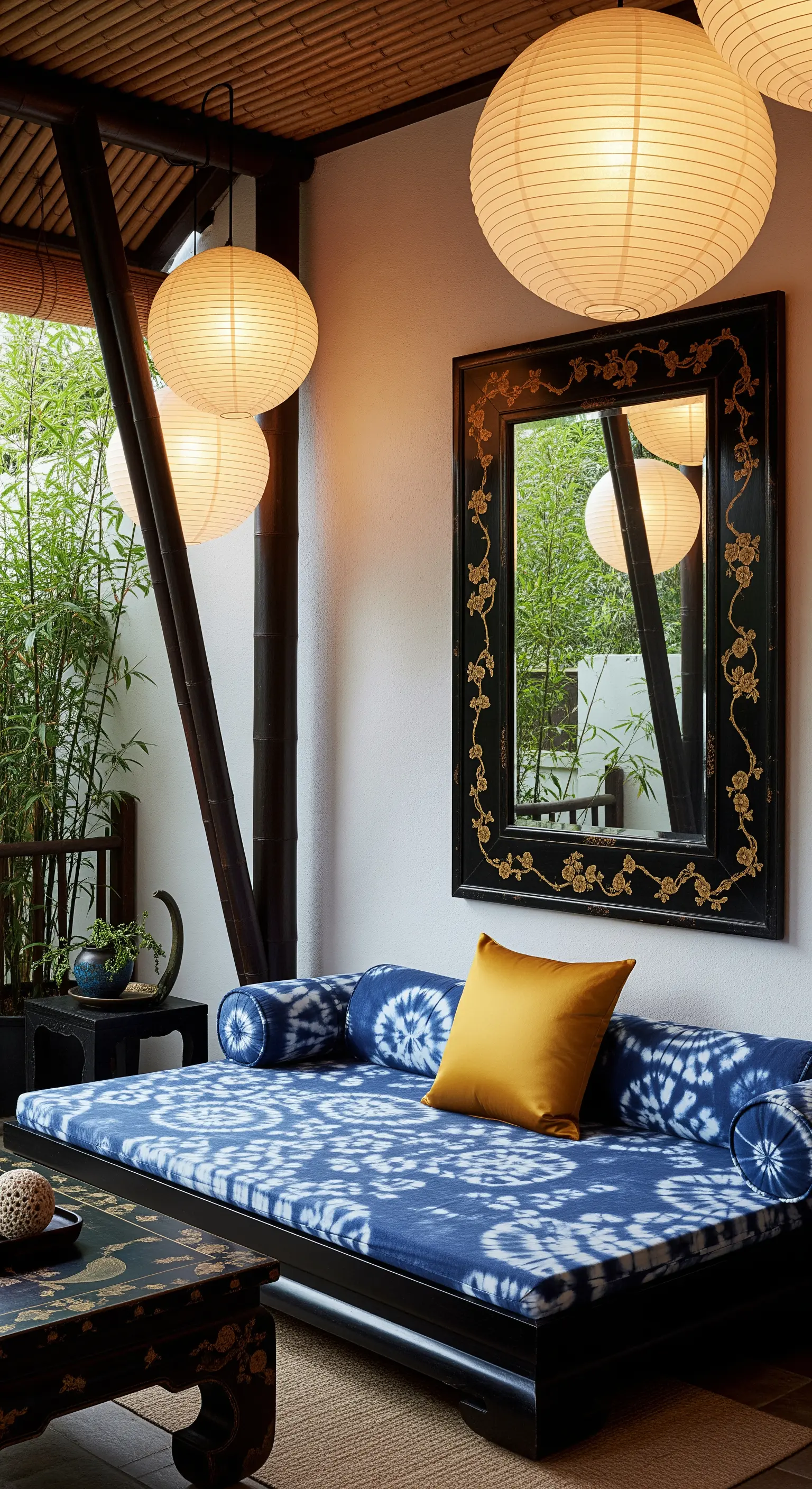 Patio in stile asiatico con daybed, lanterne di carta e specchio laccato nero.