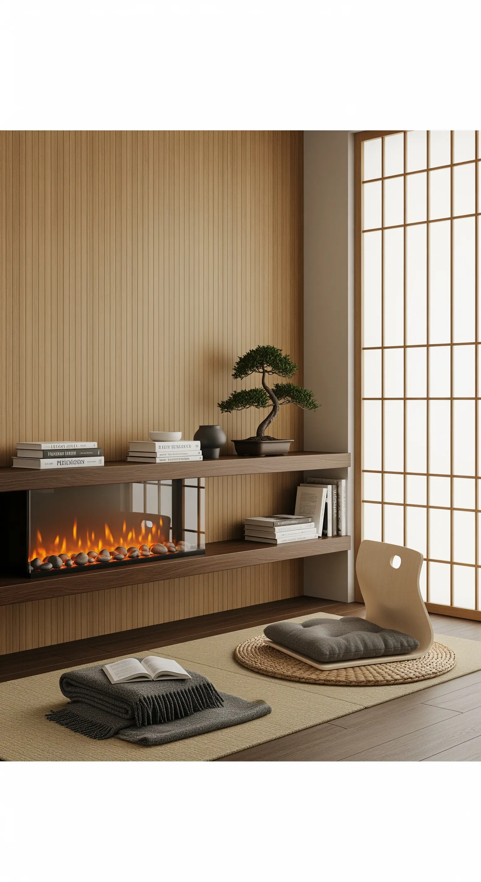 Angolo lettura zen con parete a listelli, seduta bassa da terra e bonsai.