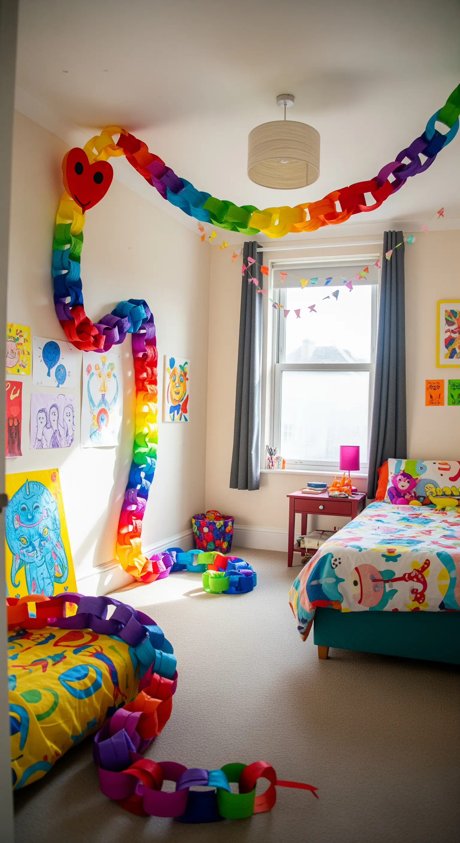 Lunga catenella di carta arcobaleno che si snoda sul soffitto e le pareti di una cameretta.