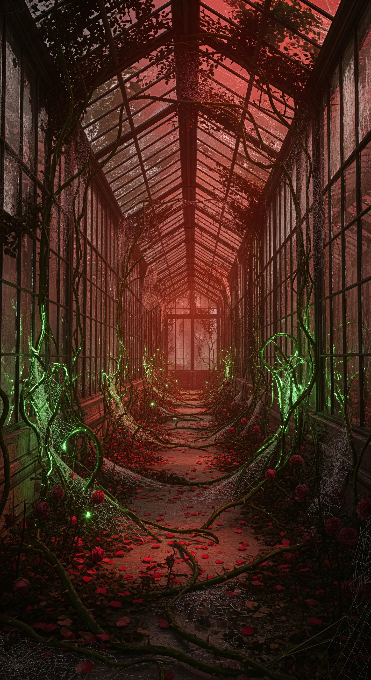 Corridoio a serra invaso da rampicanti, petali e luci rosse/verdi.