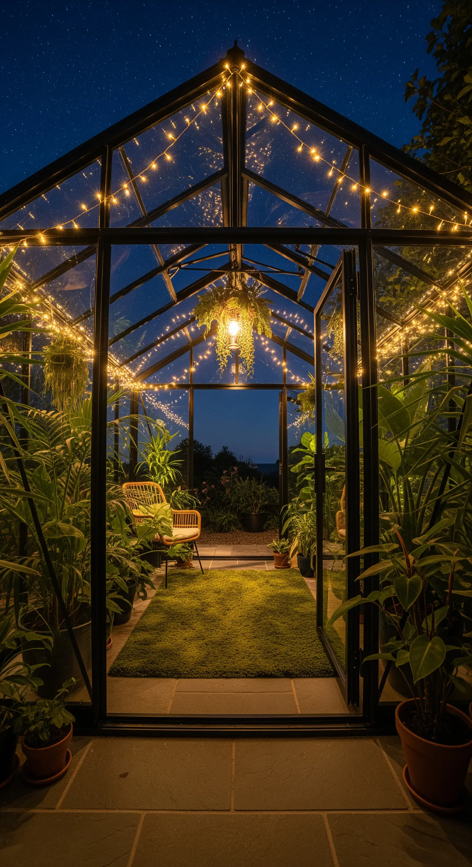 Serra di vetro illuminata di notte da decine di lucine appese al soffitto.