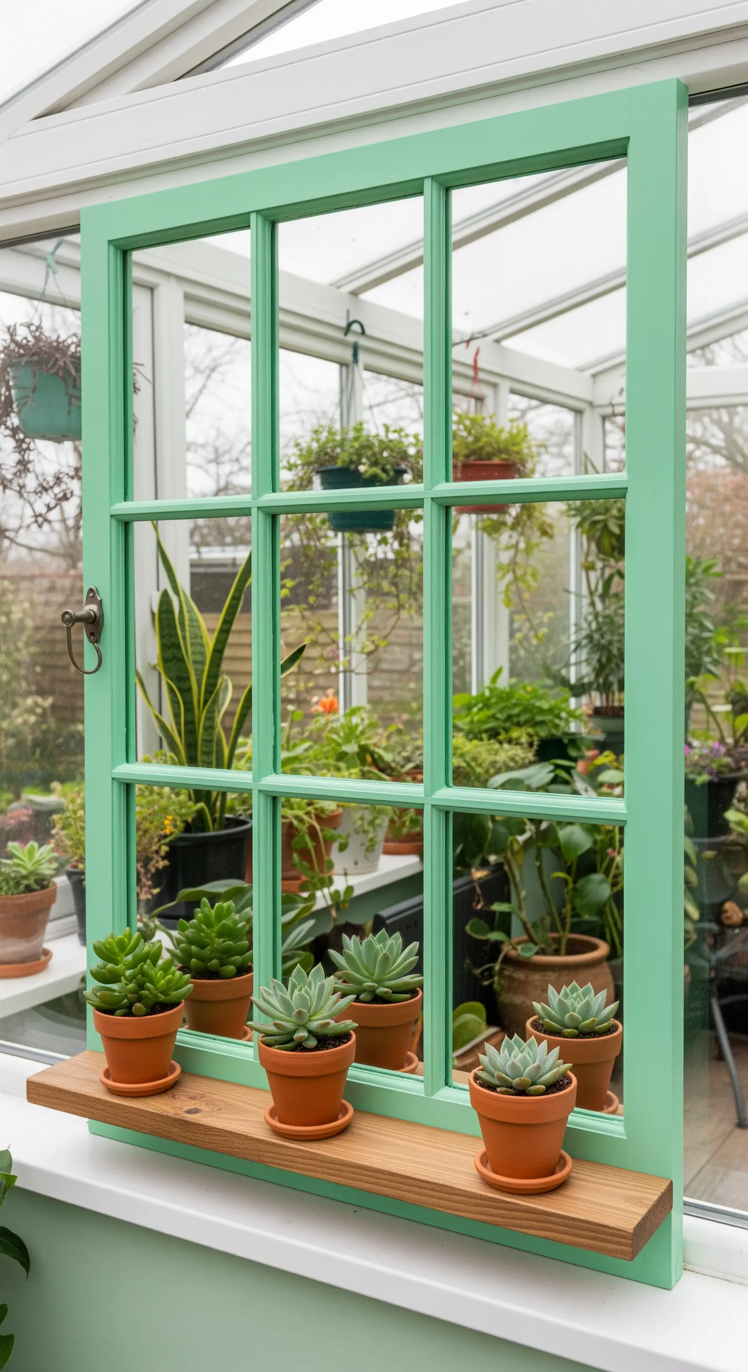 Finestra verde trasformata in specchio con mensola per piccole piante grasse.