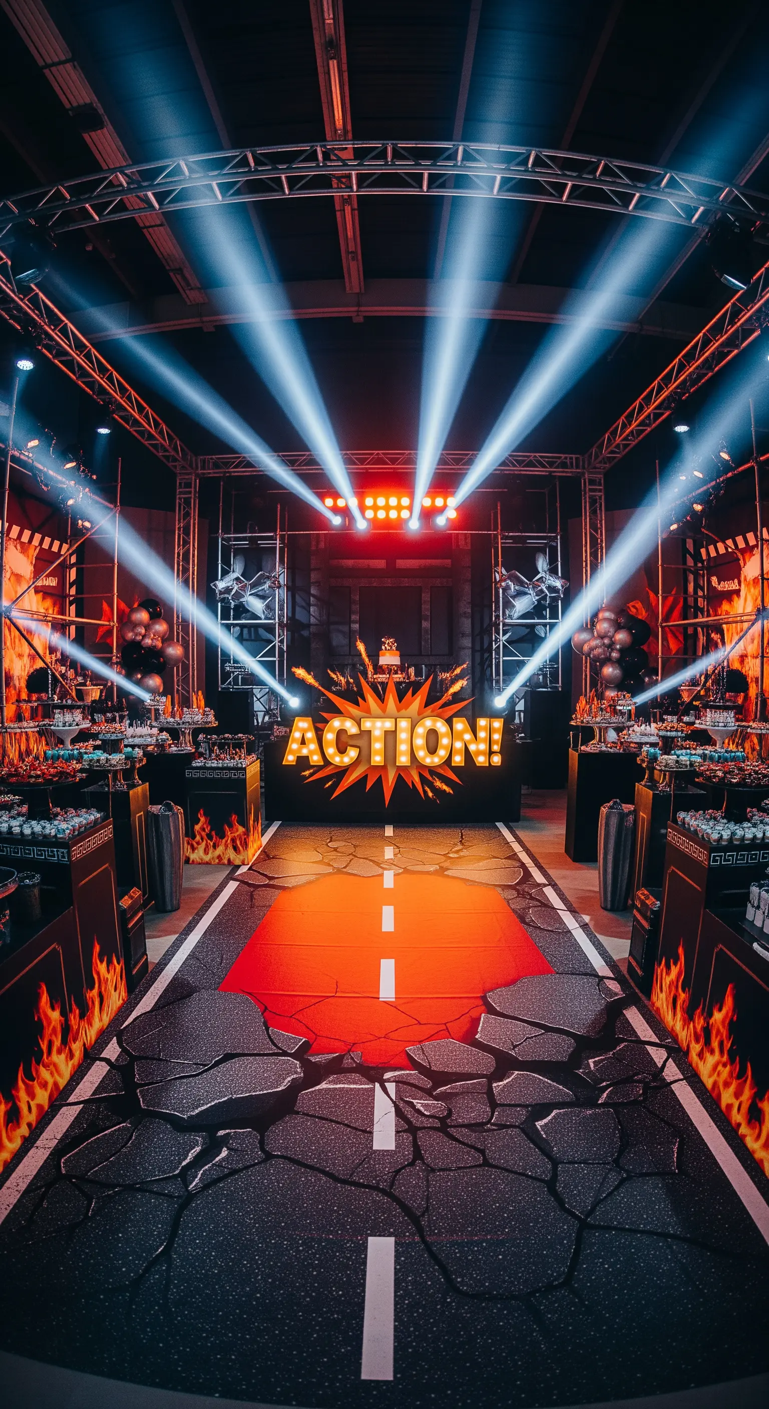 Allestimento festa a tema film d'azione con insegna Action! e luci da palco.